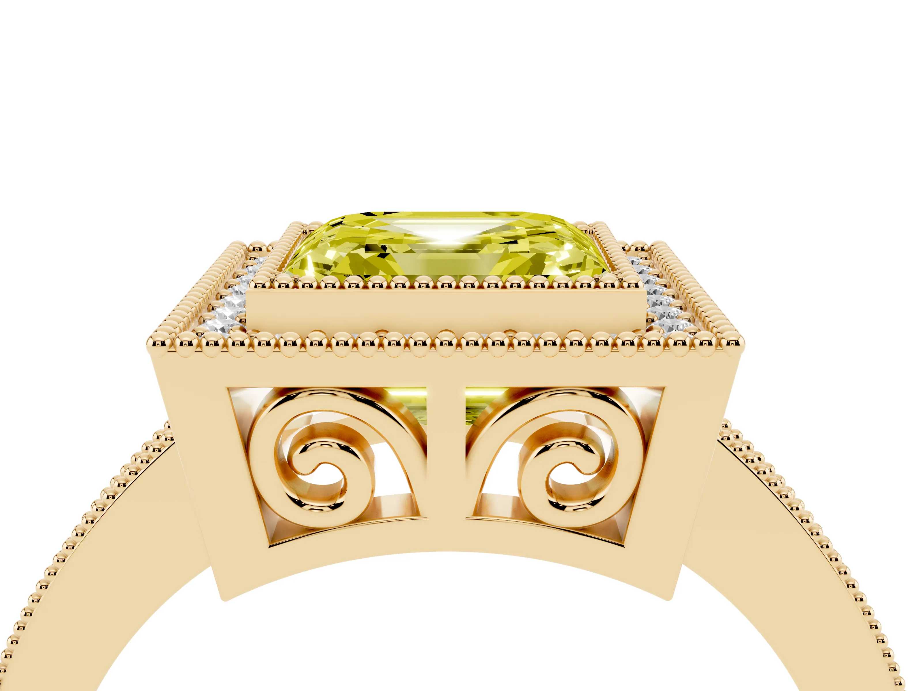 Fancy Yellow Asscher Cut Diamond Round Halo Ring Set in Yellow gold with Pavé Band