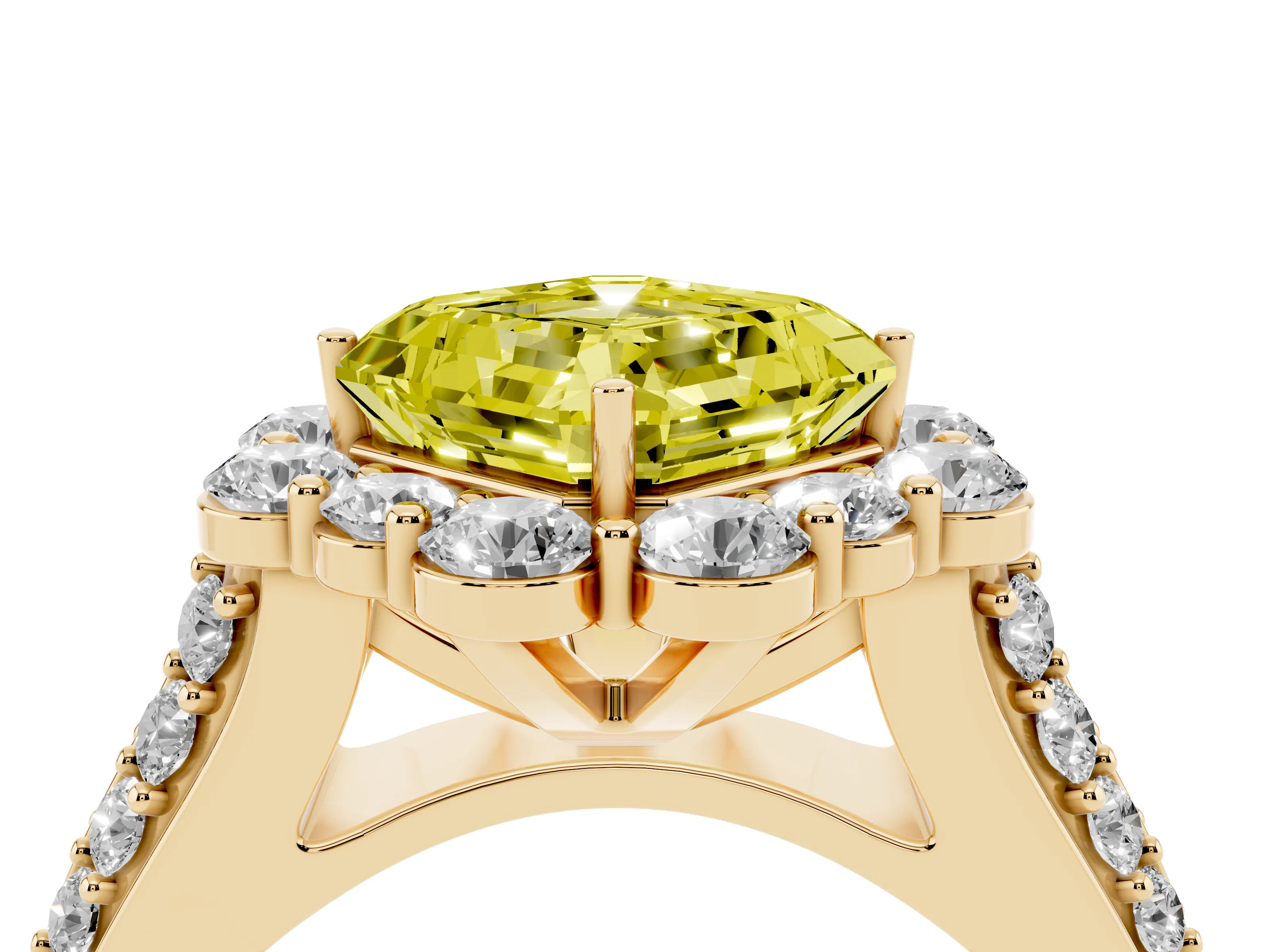 Fancy Yellow Asscher Cut Diamond Halo Engagement Ring Set in Yellow gold with Split Shank and Prong Setting