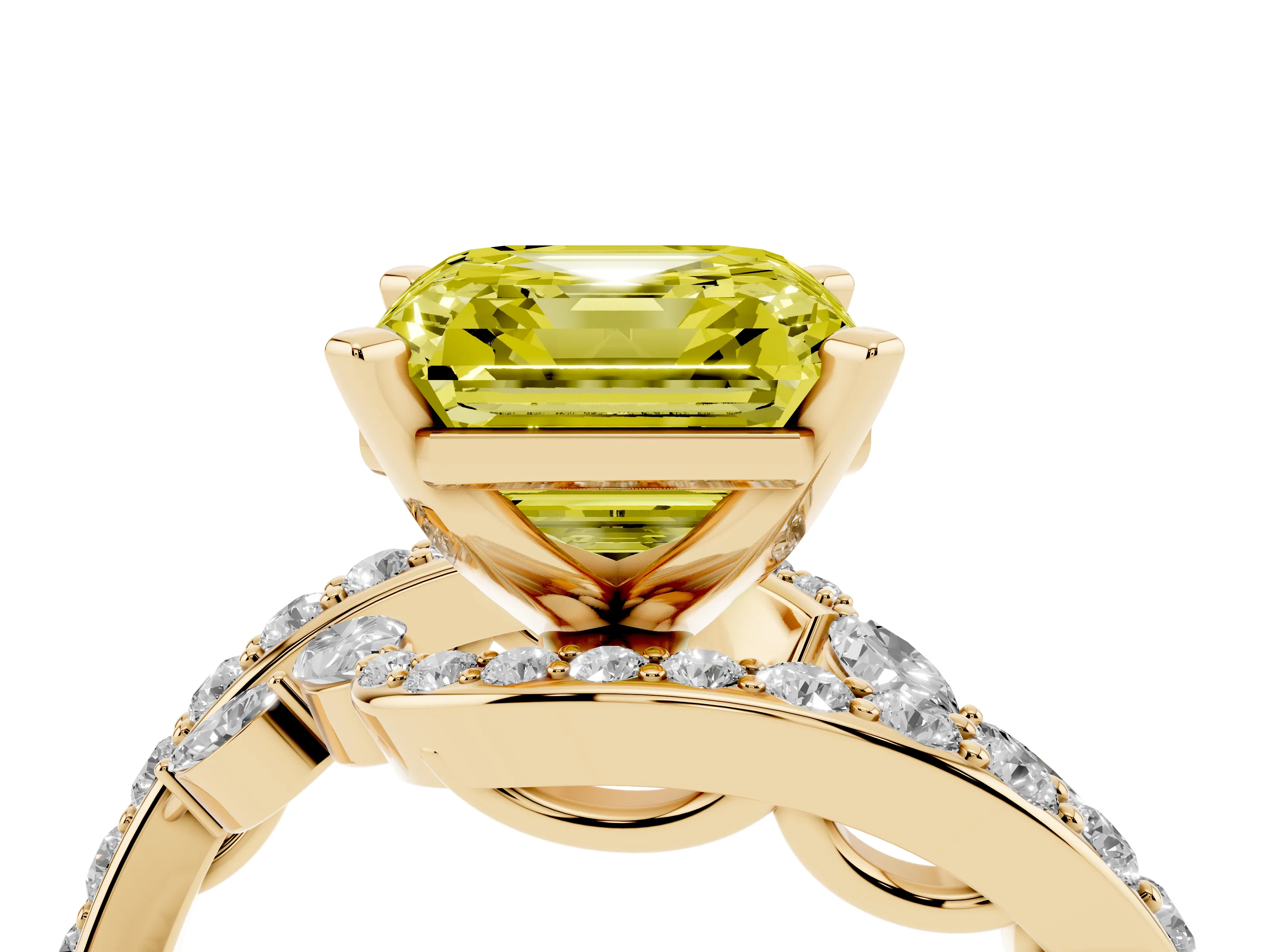 Fancy Yellow Asscher Cut Diamond Solitaire Ring Set in Yellow gold with Pavé Twist Band and Secure Prong Setting