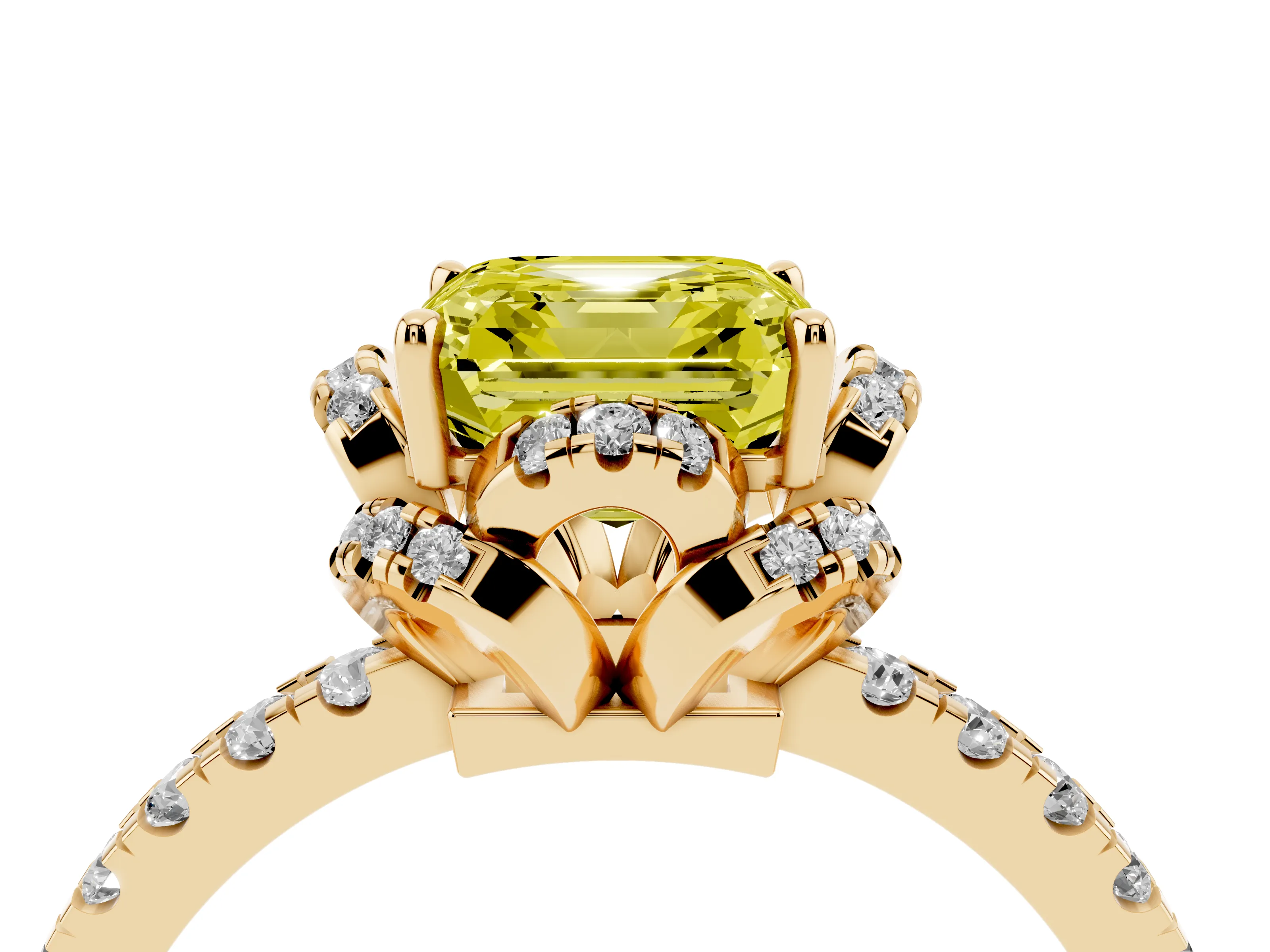 Fancy Yellow Asscher Cut Diamond Halo Pavé Ring Set in Yellow gold with Prong-Held Center Stone