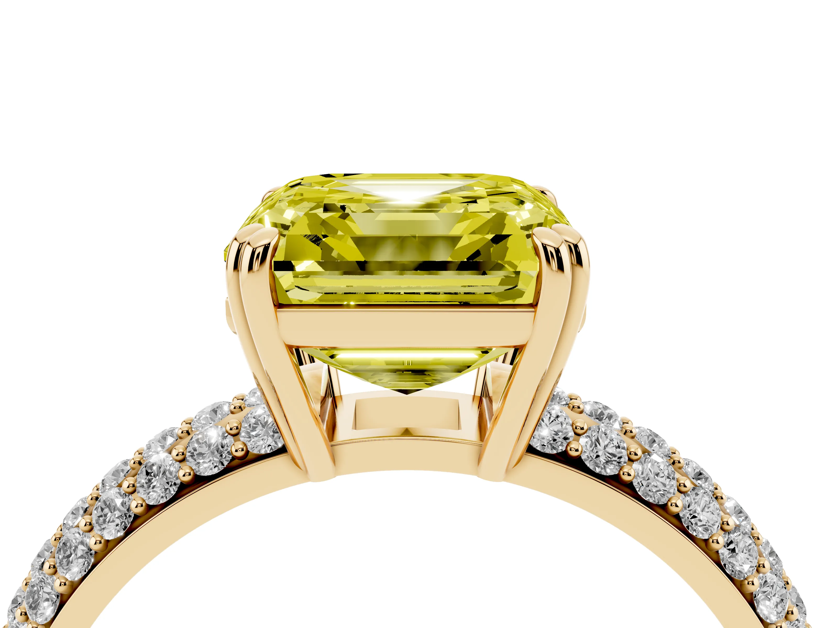 Fancy Yellow Asscher Cut Diamond Solitaire Ring Set in Yellow gold with Multi-Row Round Pavé Band and Prong Setting