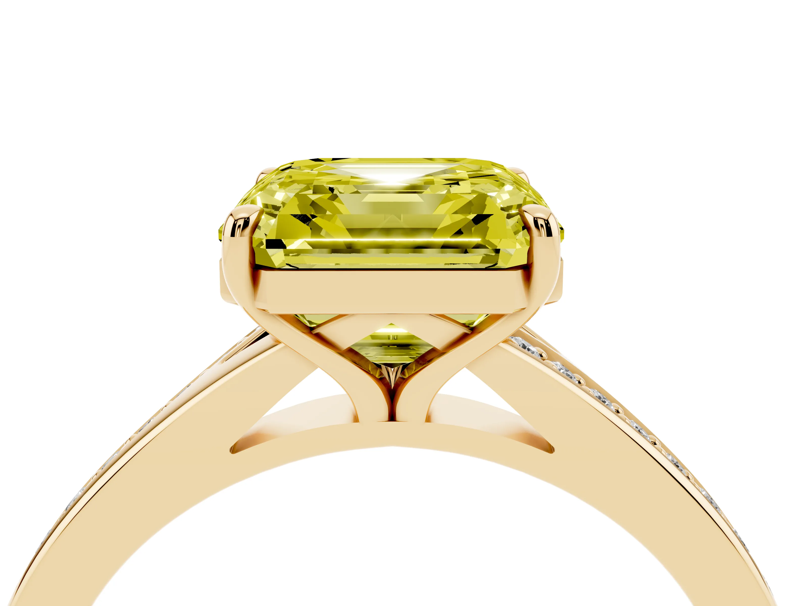 Fancy Yellow Asscher Cut Diamond Solitaire Ring Set in Yellow gold with Pavé Accent Band and Classic Prong Setting