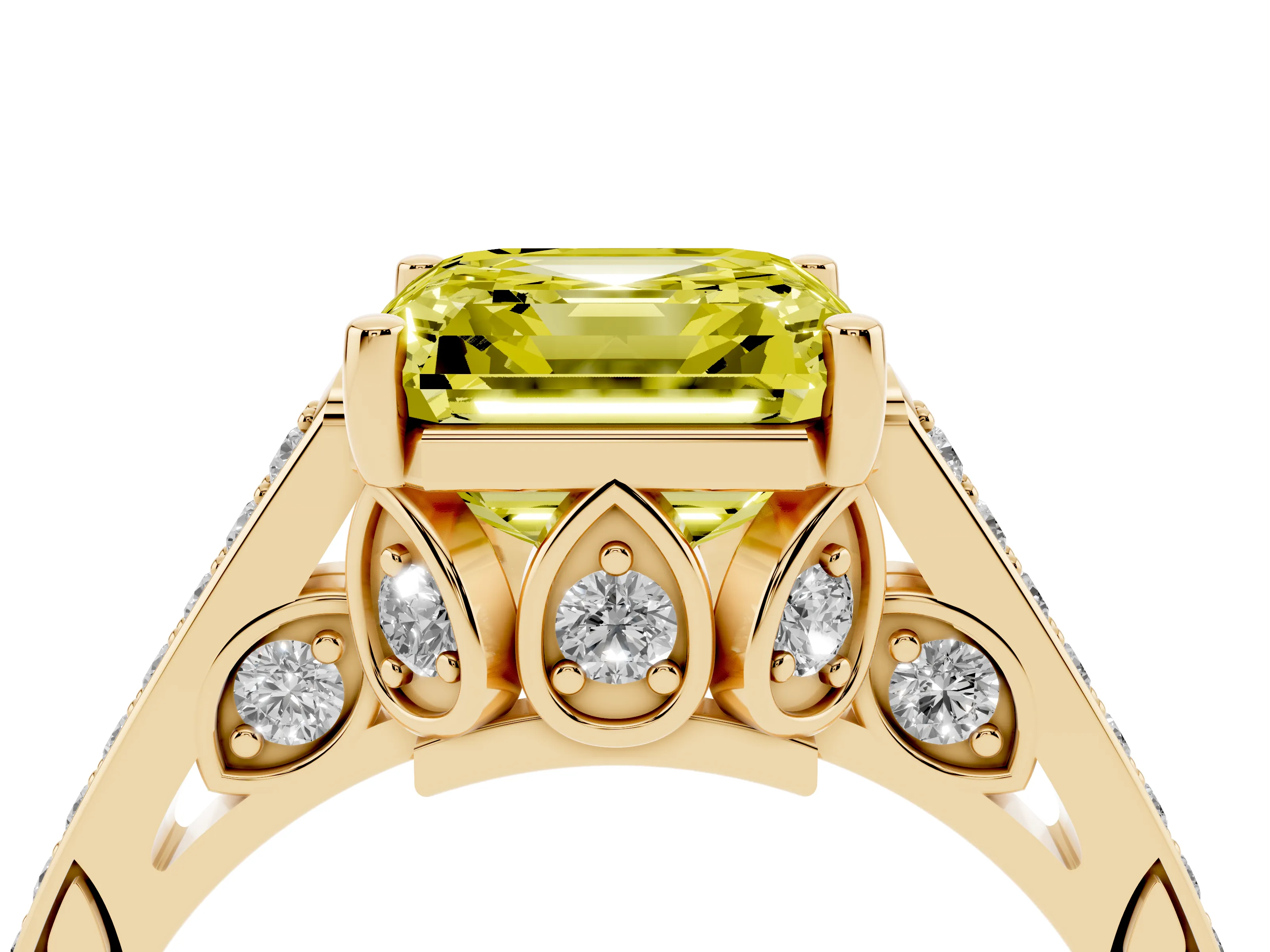 Fancy Yellow Asscher Cut Diamond Cathedral Pavé Engagement Ring Set in Yellow gold with Prong Setting
