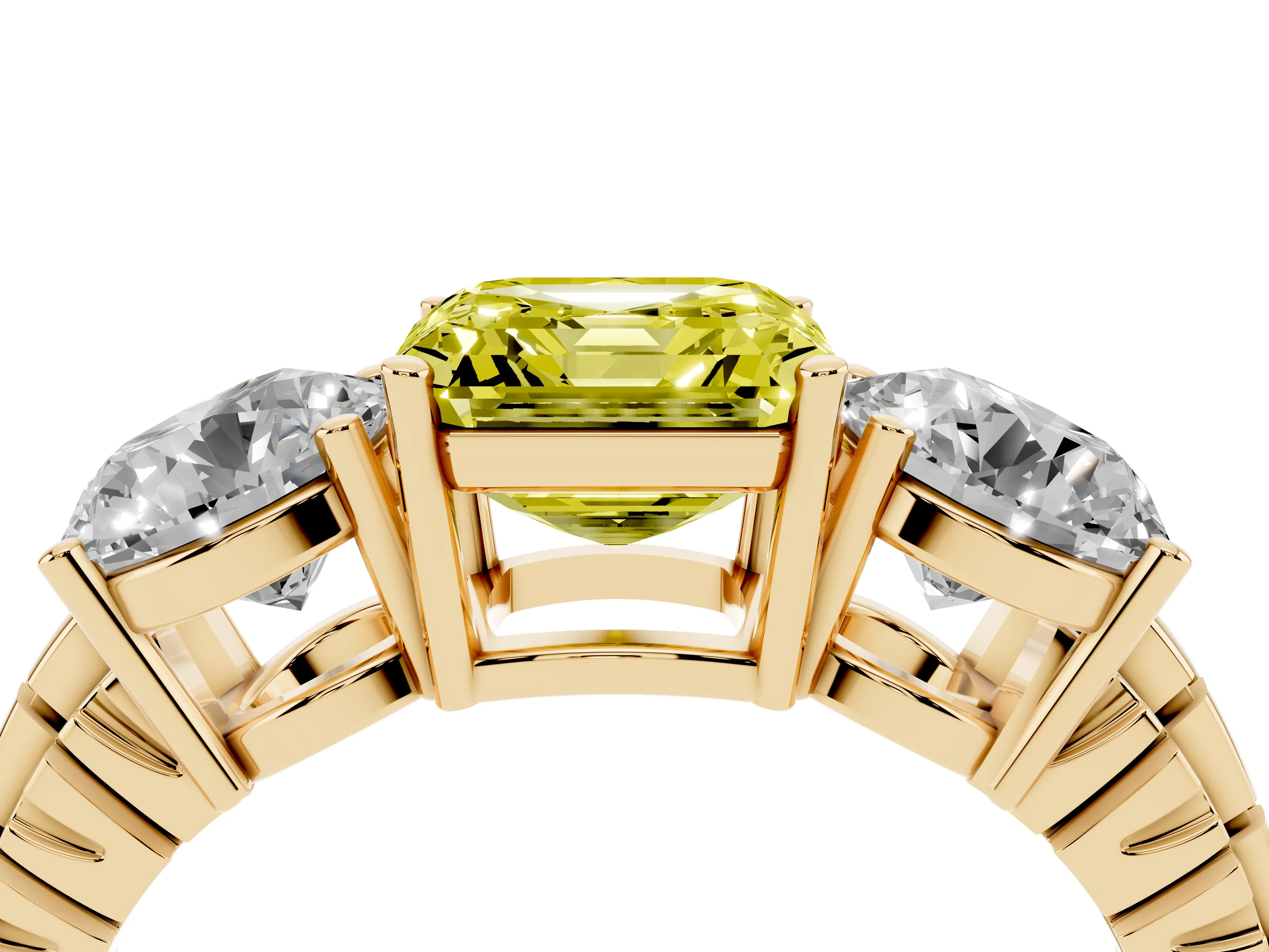 Fancy Yellow Asscher Cut Diamond Three-Stone Ring Set in Yellow gold with Channel-Set Accent Band