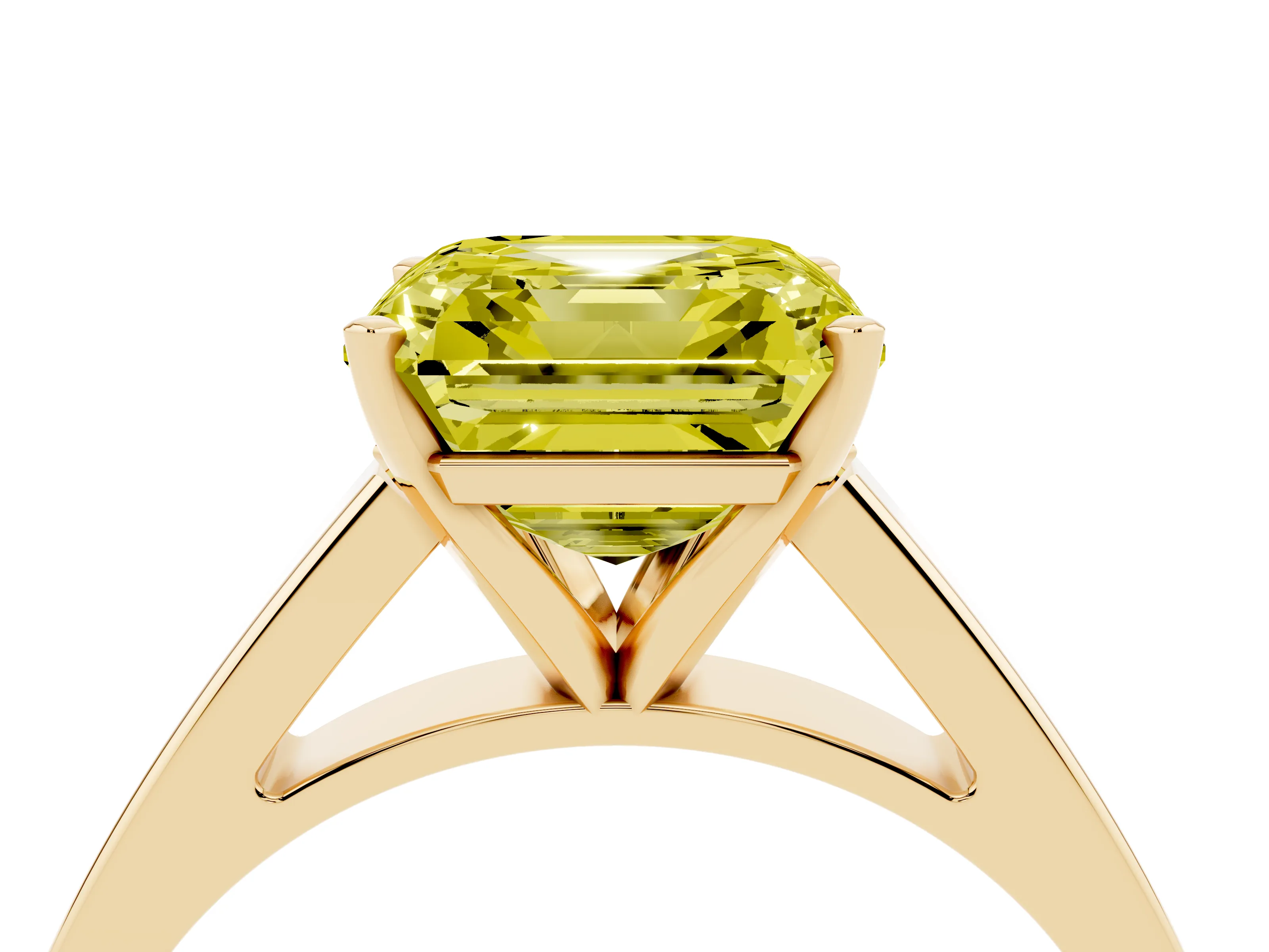 Fancy Yellow Asscher Cut Diamond Solitaire Engagement Ring Set in Yellow gold with Prong Setting and Tapered Band