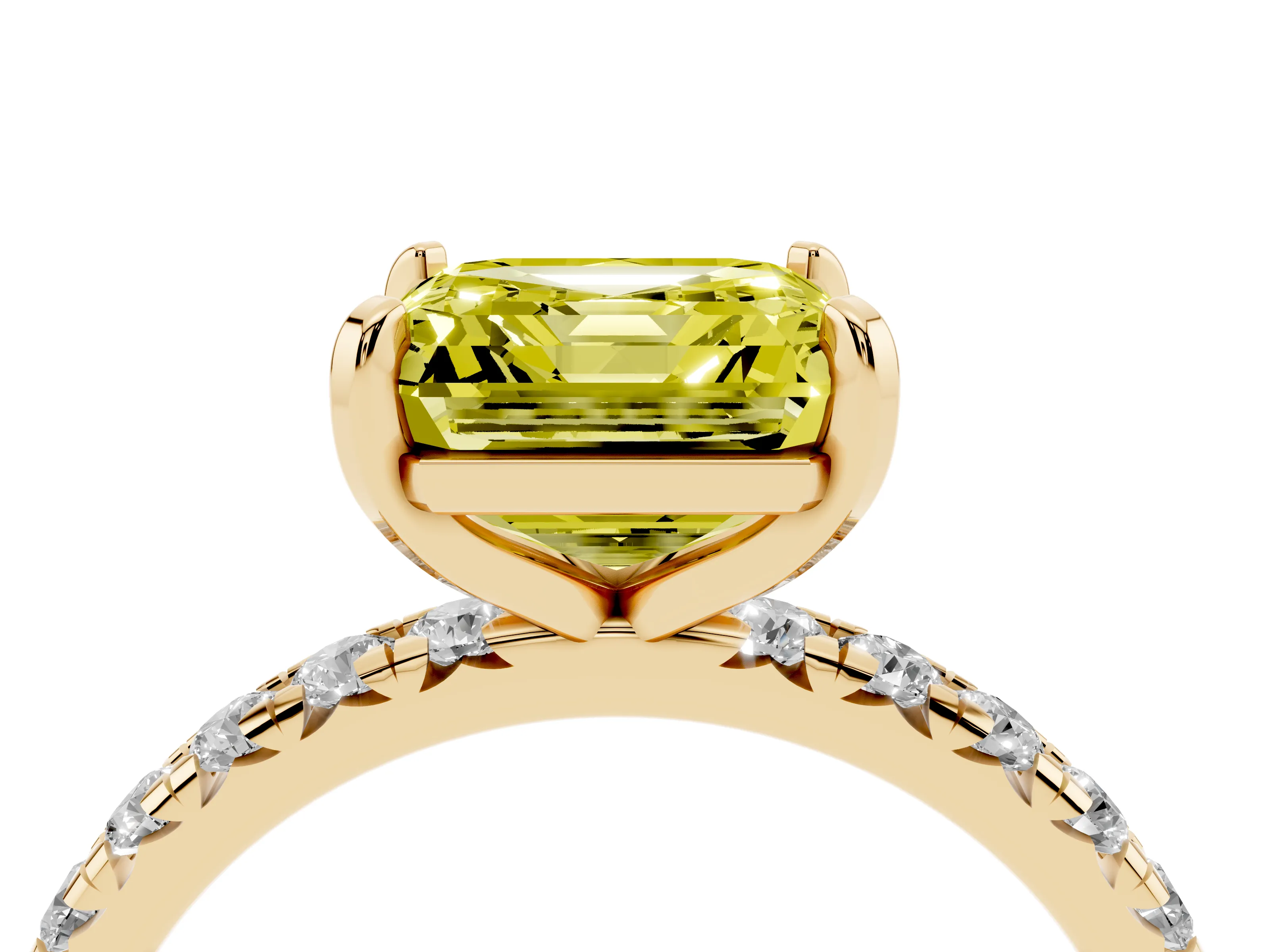 Fancy Yellow Asscher Cut Diamond Pavé Solitaire Ring Set in Yellow gold with Round Band and Prong Setting