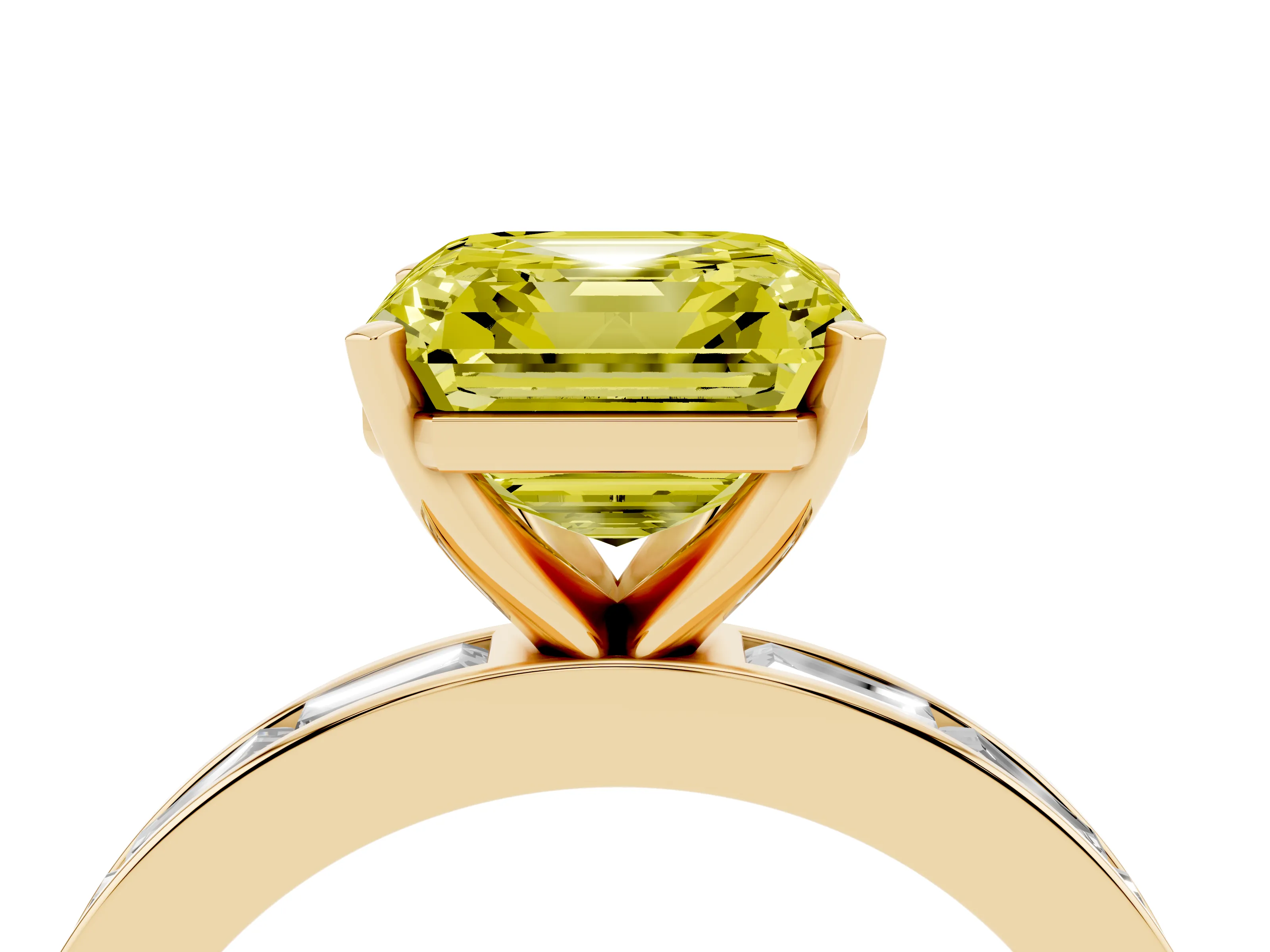 Fancy Yellow Asscher Cut Diamond Solitaire Ring Set in Yellow gold with Channel-Set Baguette Band and Prong Setting