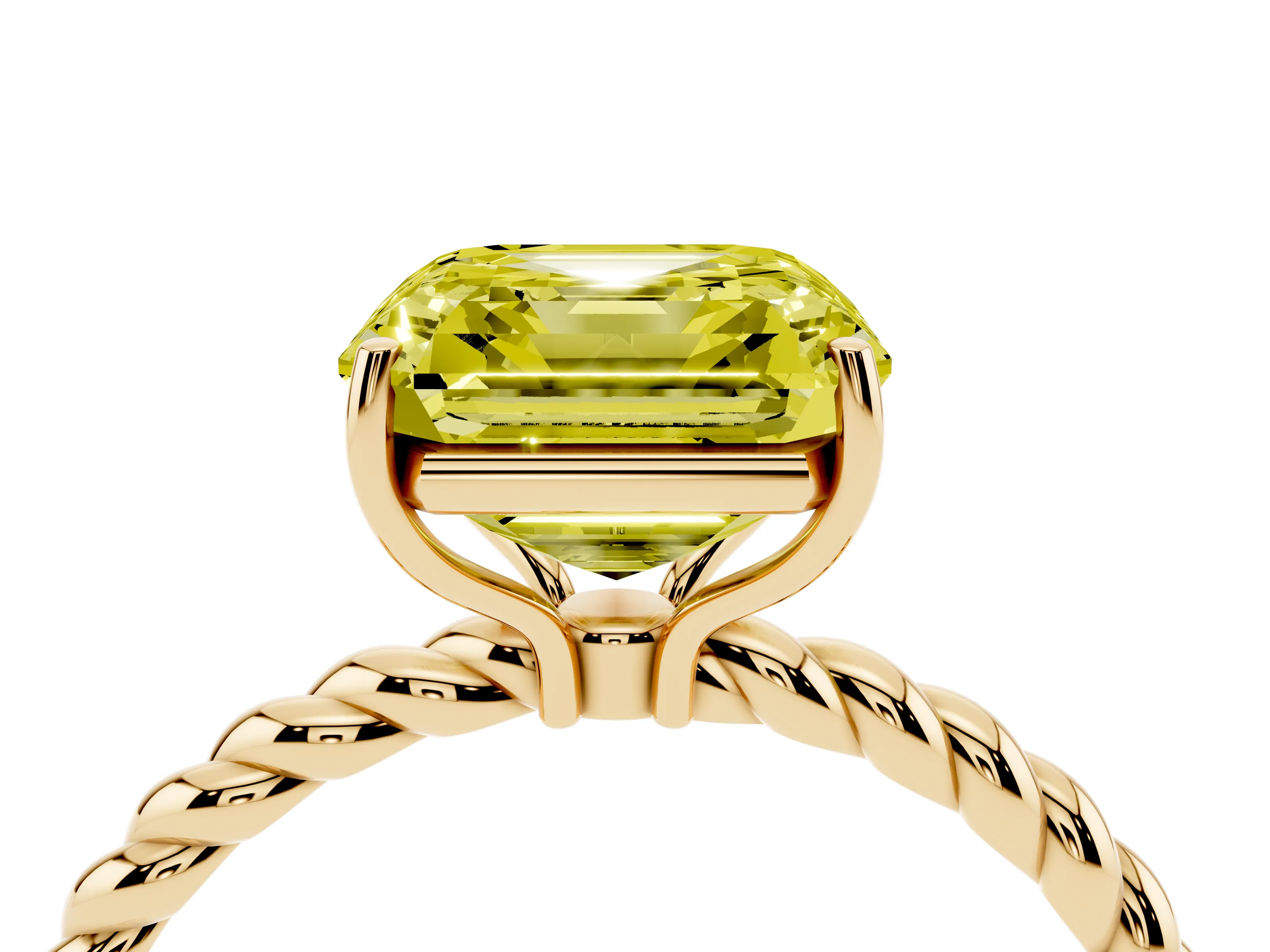 Fancy Yellow Asscher Cut Diamond Solitaire Ring Set in Yellow gold with Twist Band and Prong Setting
