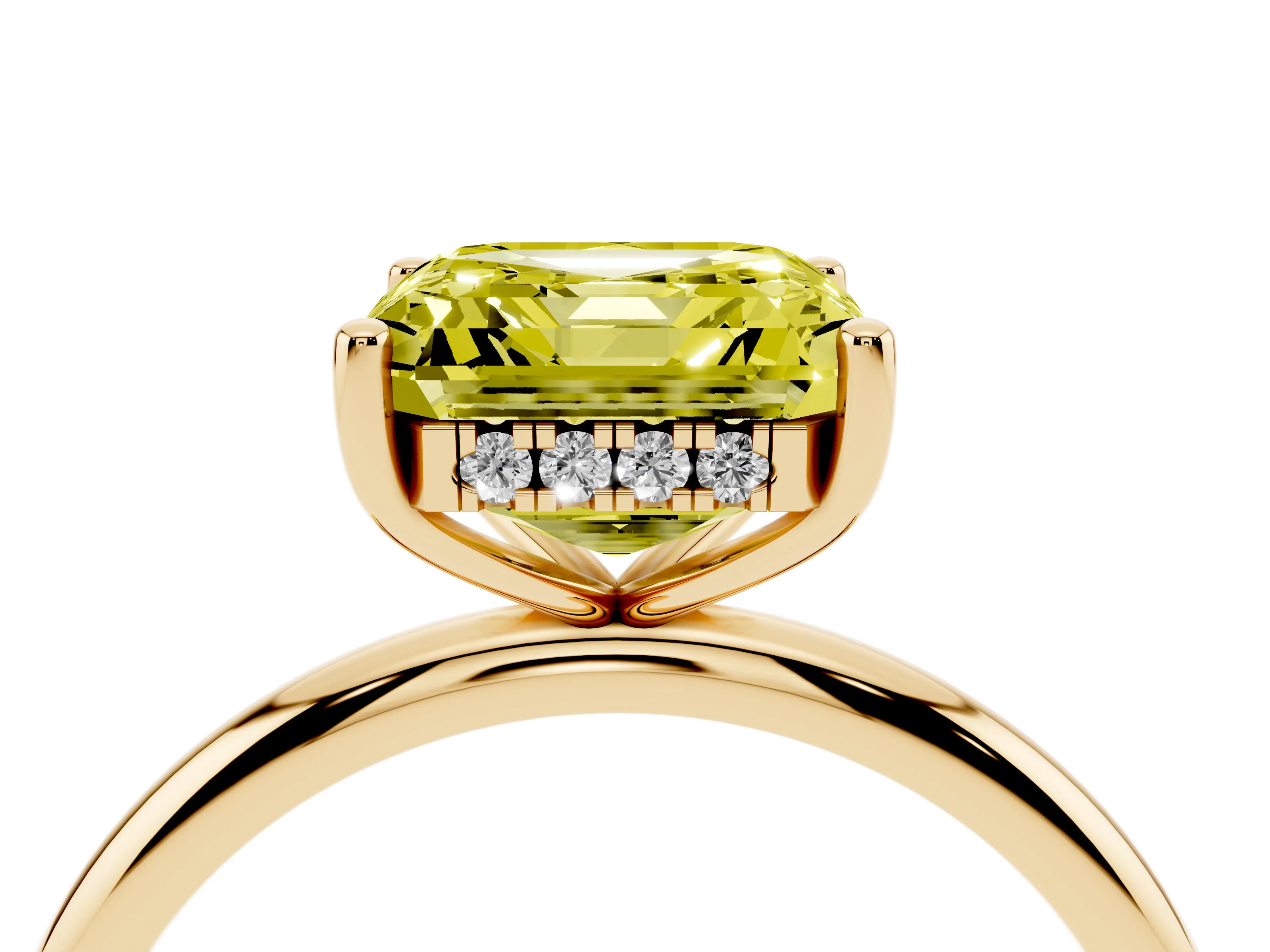 Fancy Yellow Asscher Cut Diamond Solitaire Engagement Ring Set in Yellow gold with Prong Setting and Polished Band