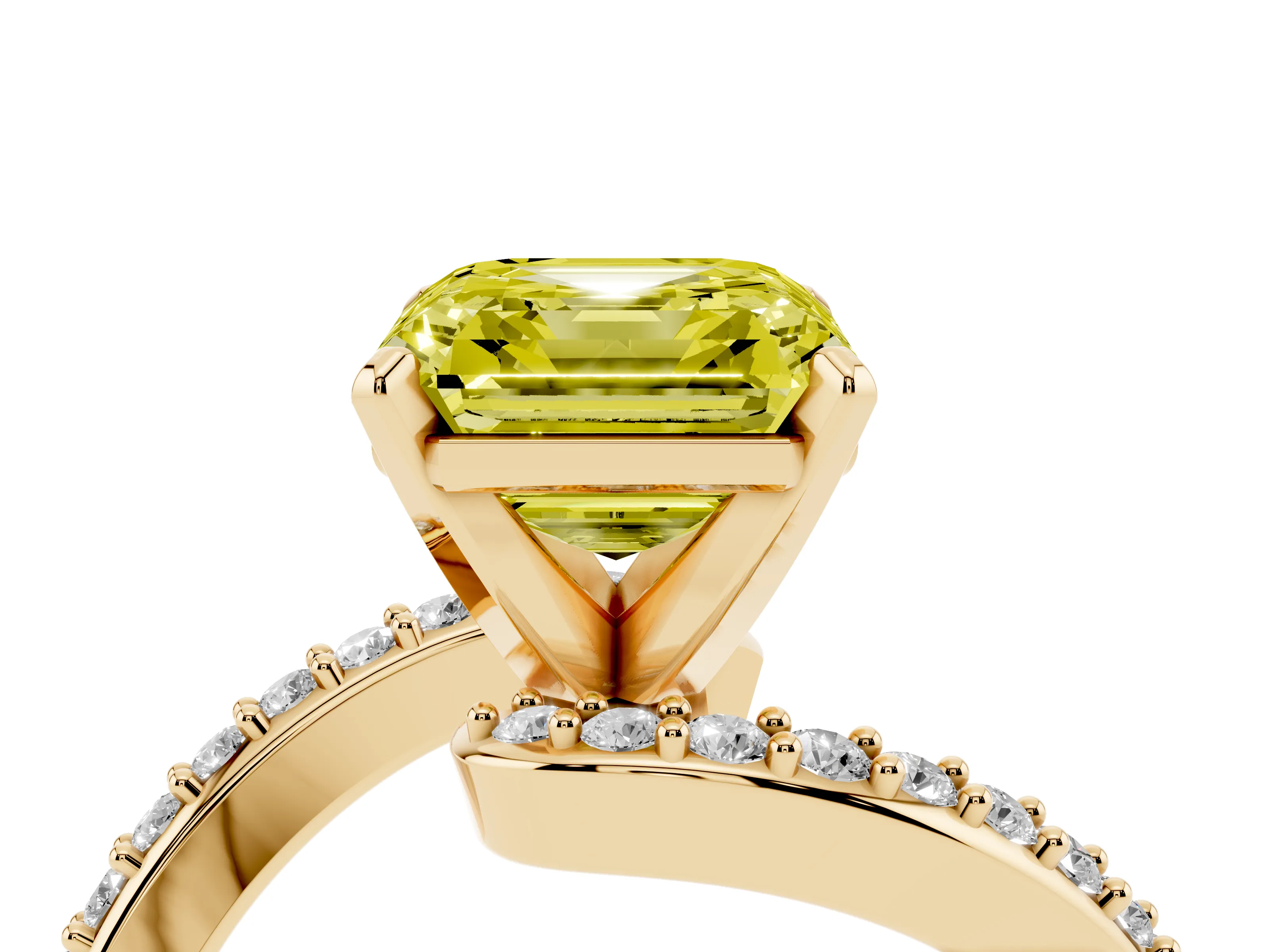 Fancy Yellow Asscher Cut Diamond Solitaire Ring Set in Yellow gold with Pavé Twist Band and Prong Setting