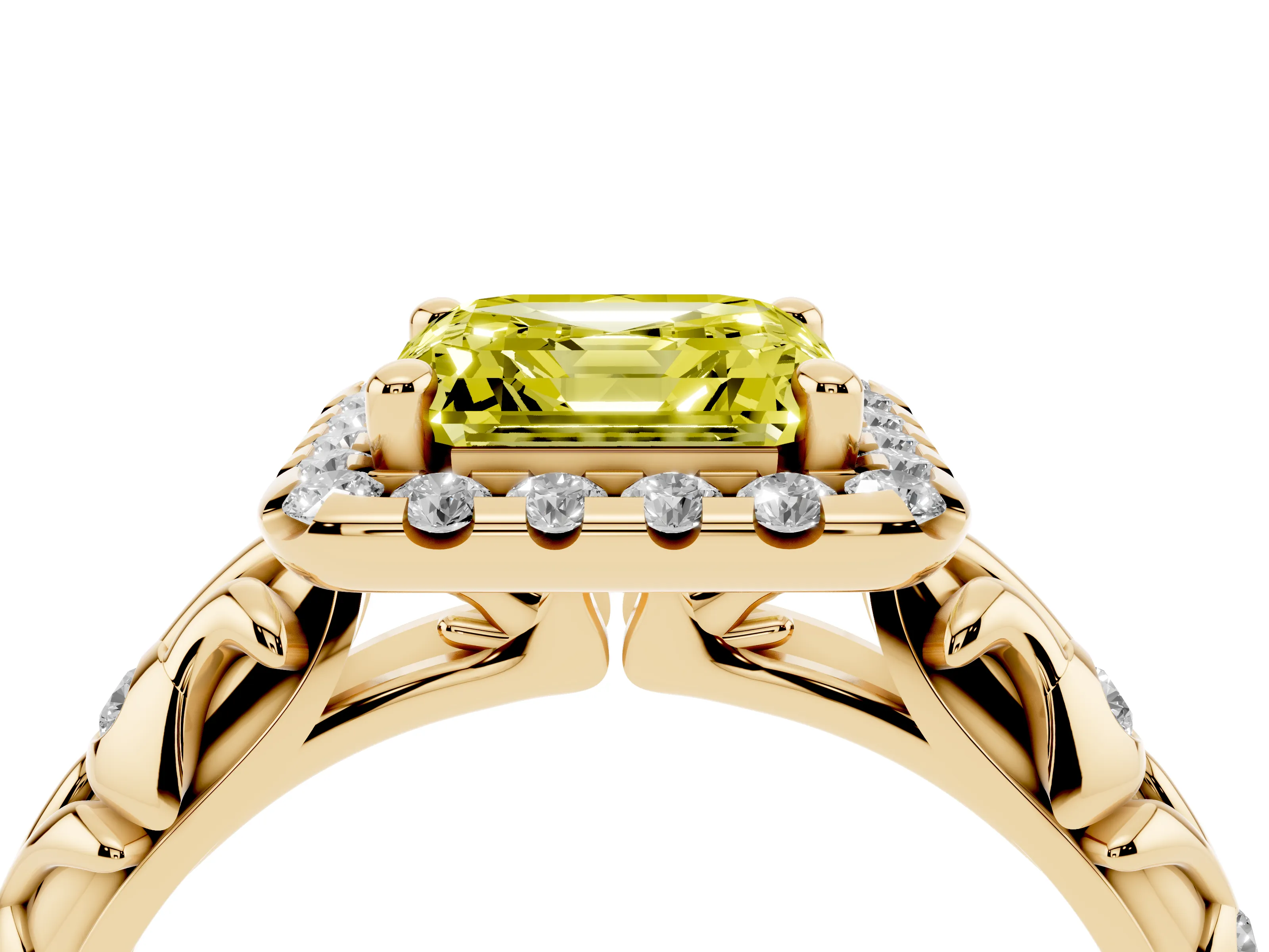 Fancy Yellow Asscher Cut Diamond Halo Ring Set in Yellow gold with Filigree Leaf Band and Prong Setting