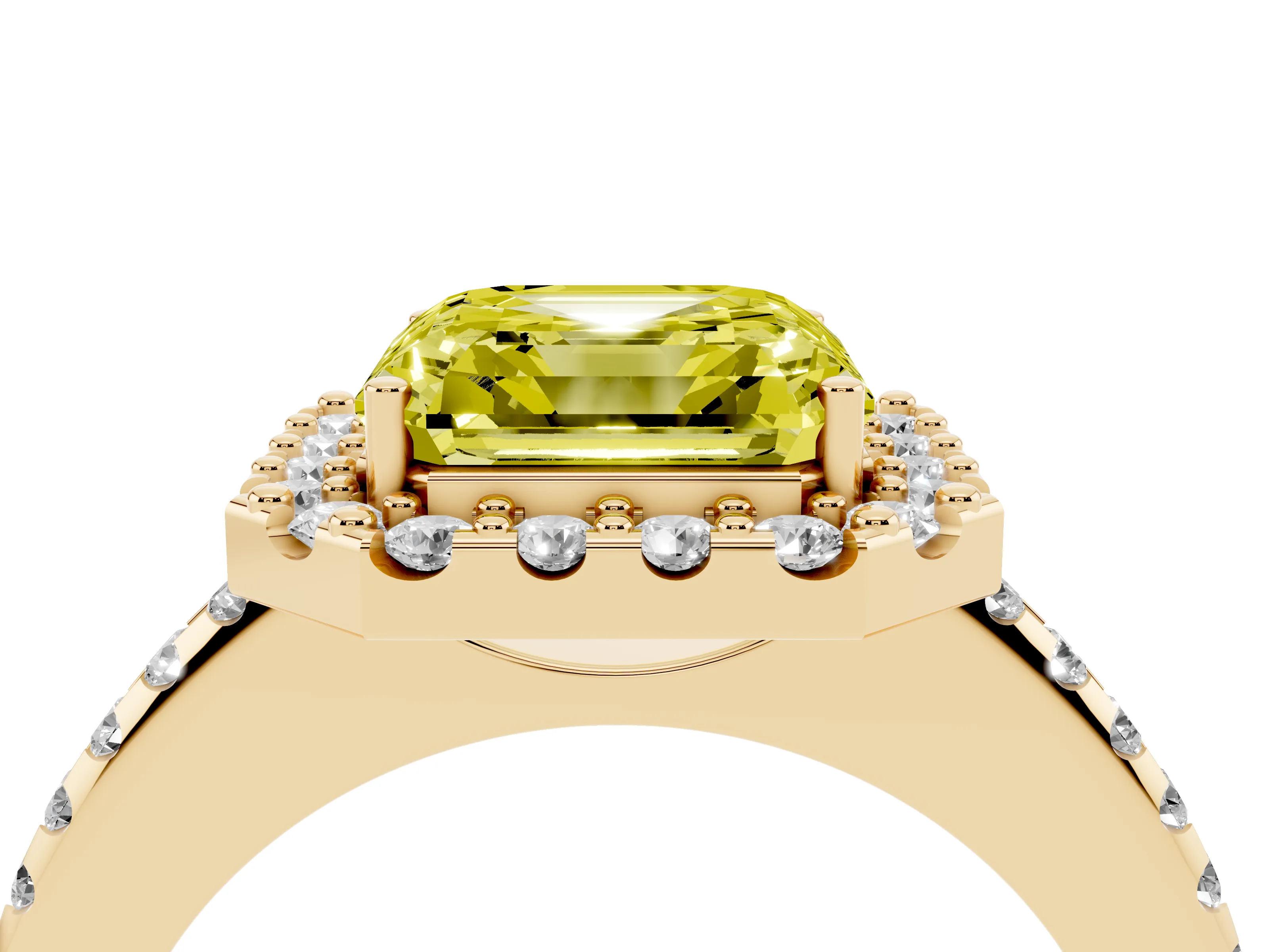 Fancy Yellow Asscher Cut Diamond Pavé Halo Ring Set in Yellow gold with Prong Setting
