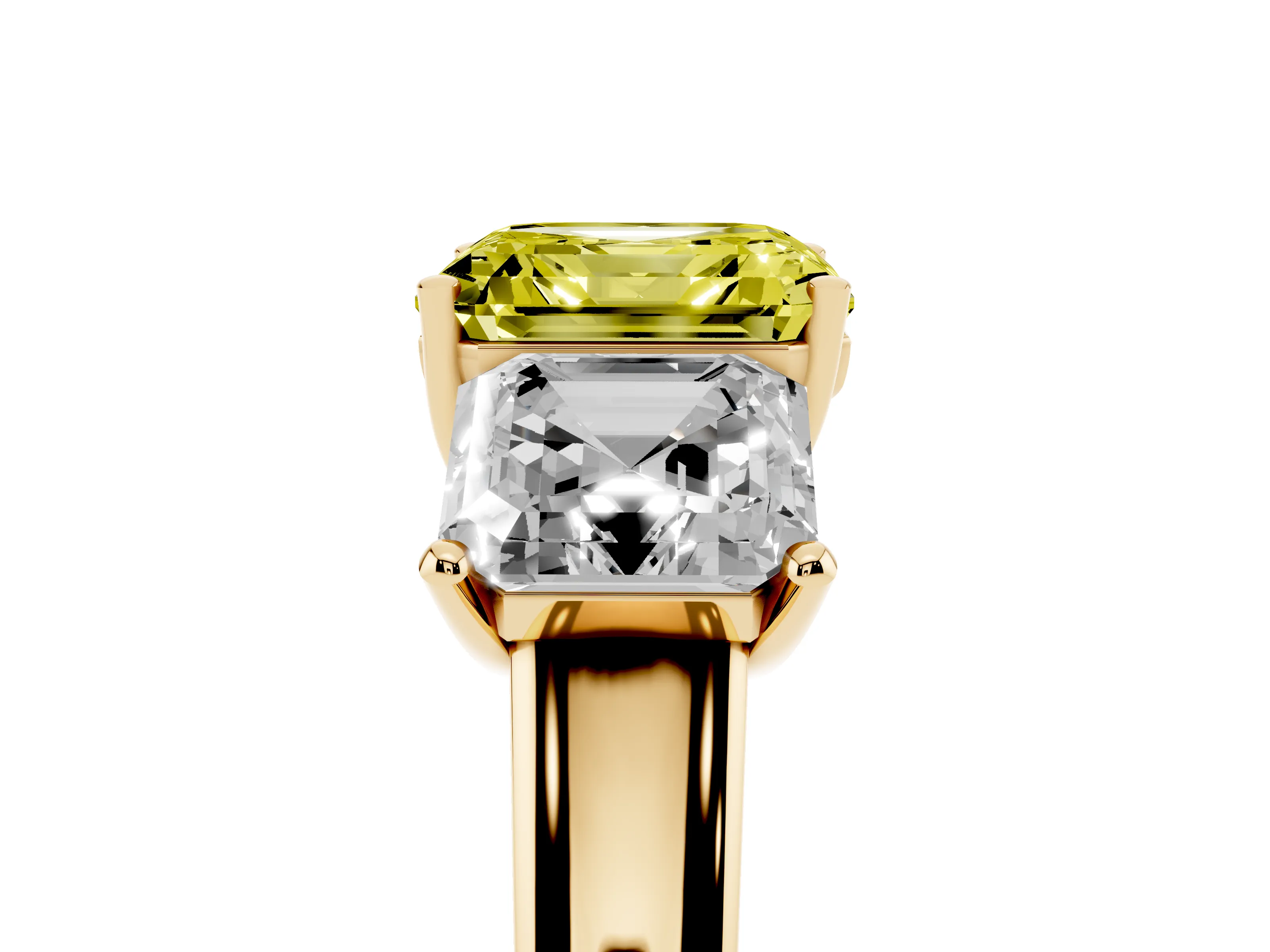 Fancy Yellow Asscher Cut Diamond Three-Stone Ring Set in Yellow gold with Classic Prong Setting and Plain Band