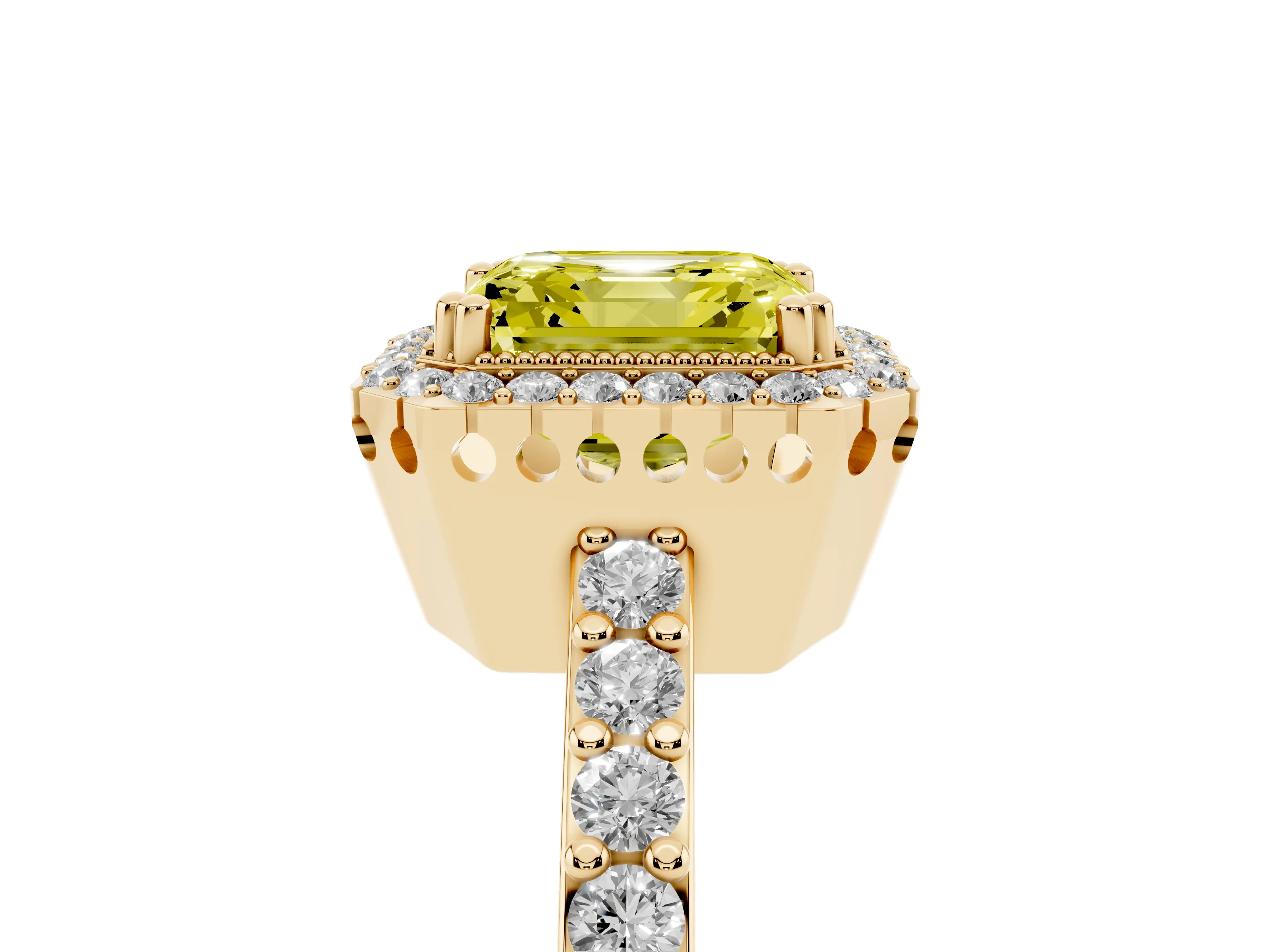 Fancy Yellow Asscher Cut Diamond Halo Engagement Ring Set in Yellow gold with Milgrain Detail and Pavé Band