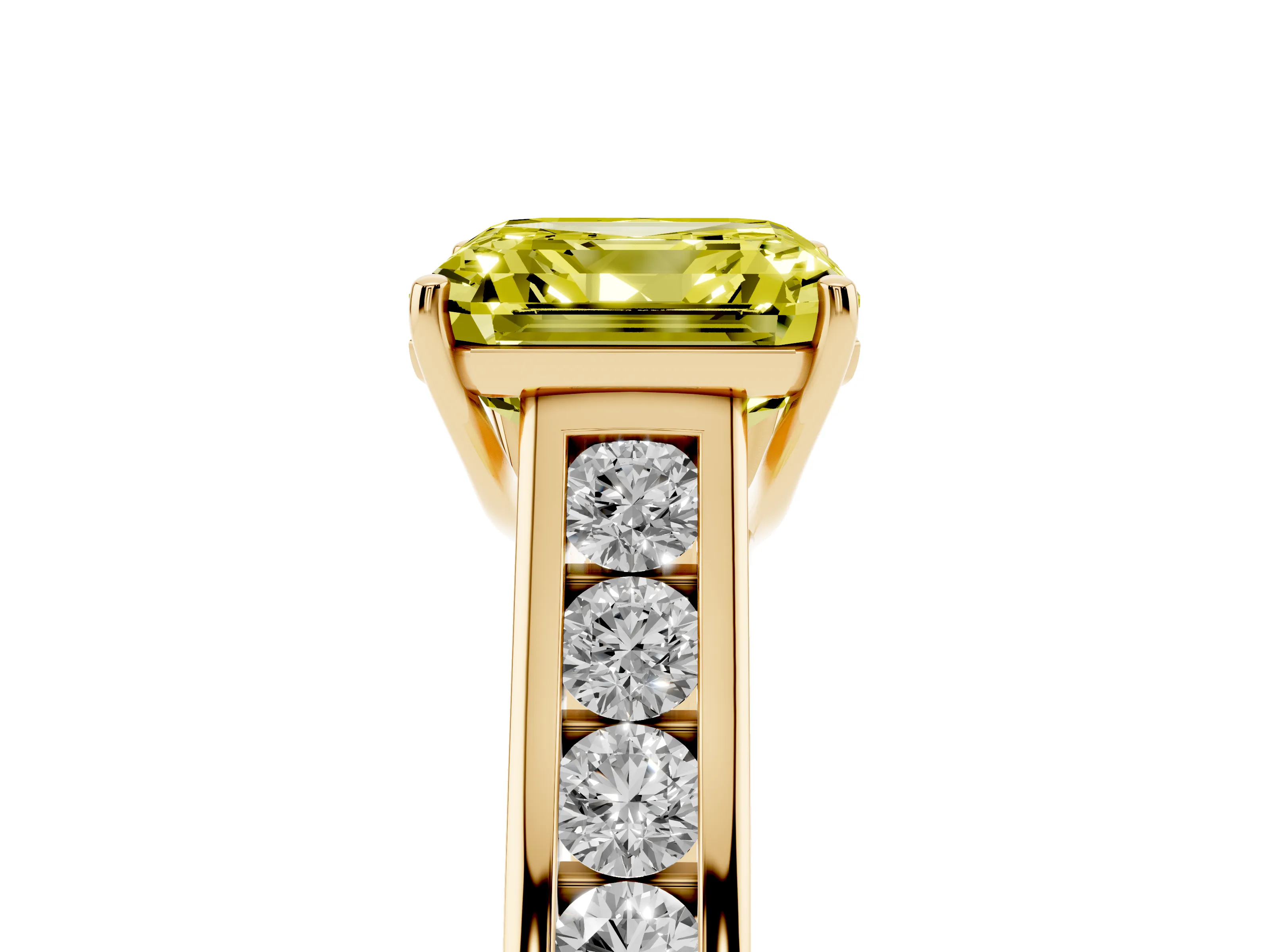 Fancy Yellow Asscher Cut Diamond Brilliant Channel-Set Solitaire Ring Set in Yellow gold with Prong Setting