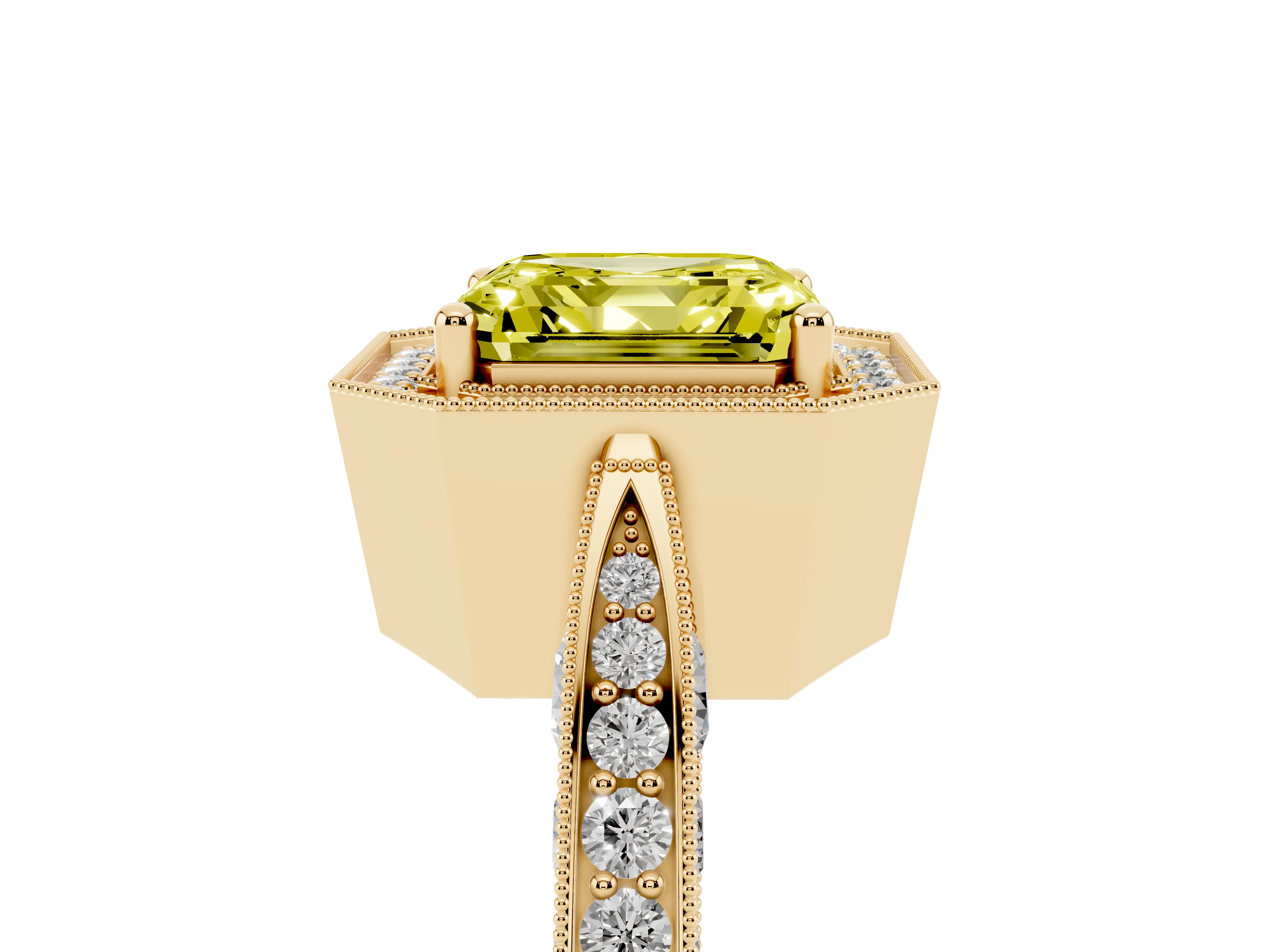 Fancy Yellow Asscher Cut Diamond Halo Engagement Ring Set in Yellow gold with Accent Split Shank Band