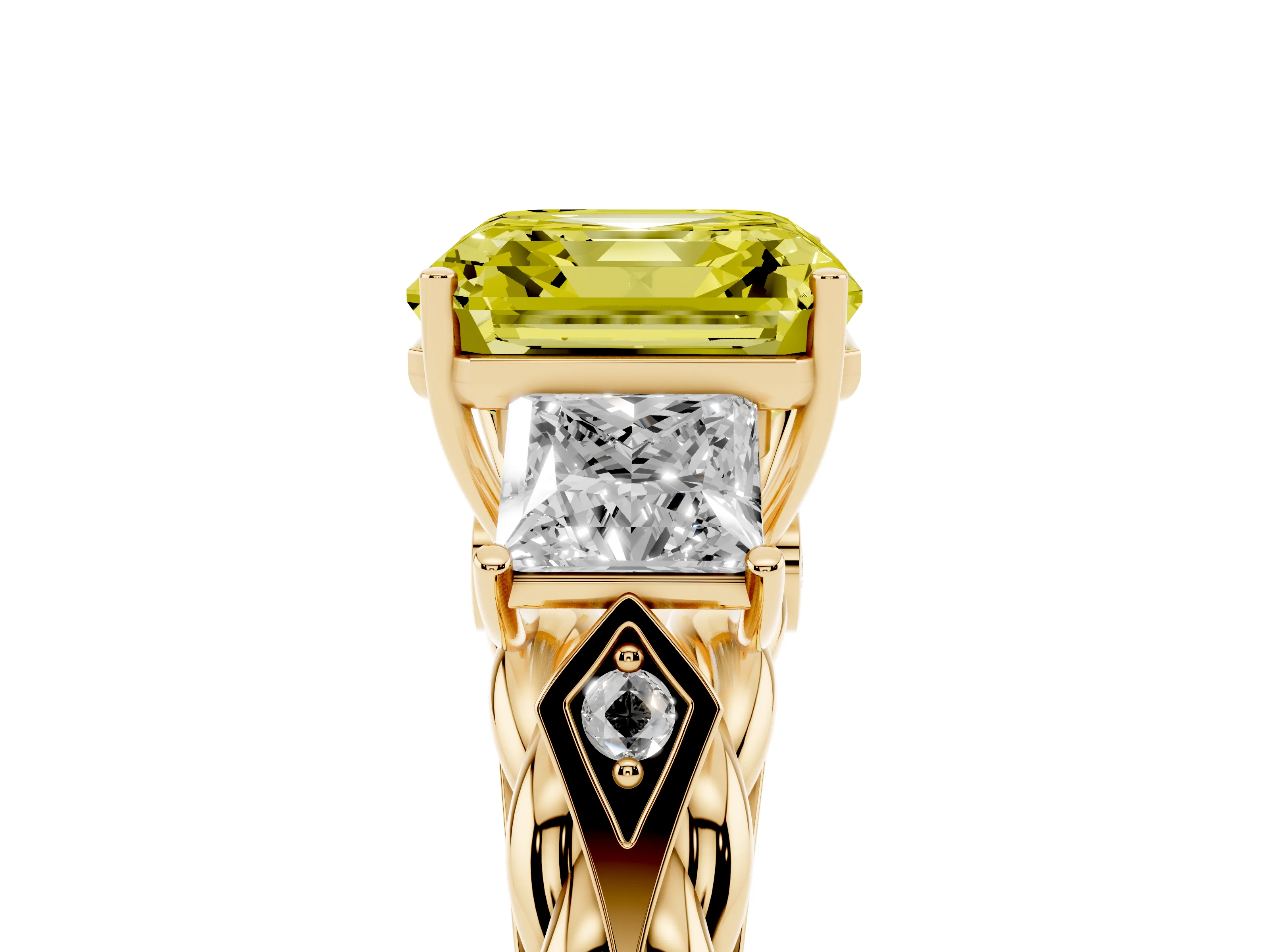 Fancy Yellow Asscher Cut Diamond Three-Stone Ring Set in Yellow gold with Braided Band