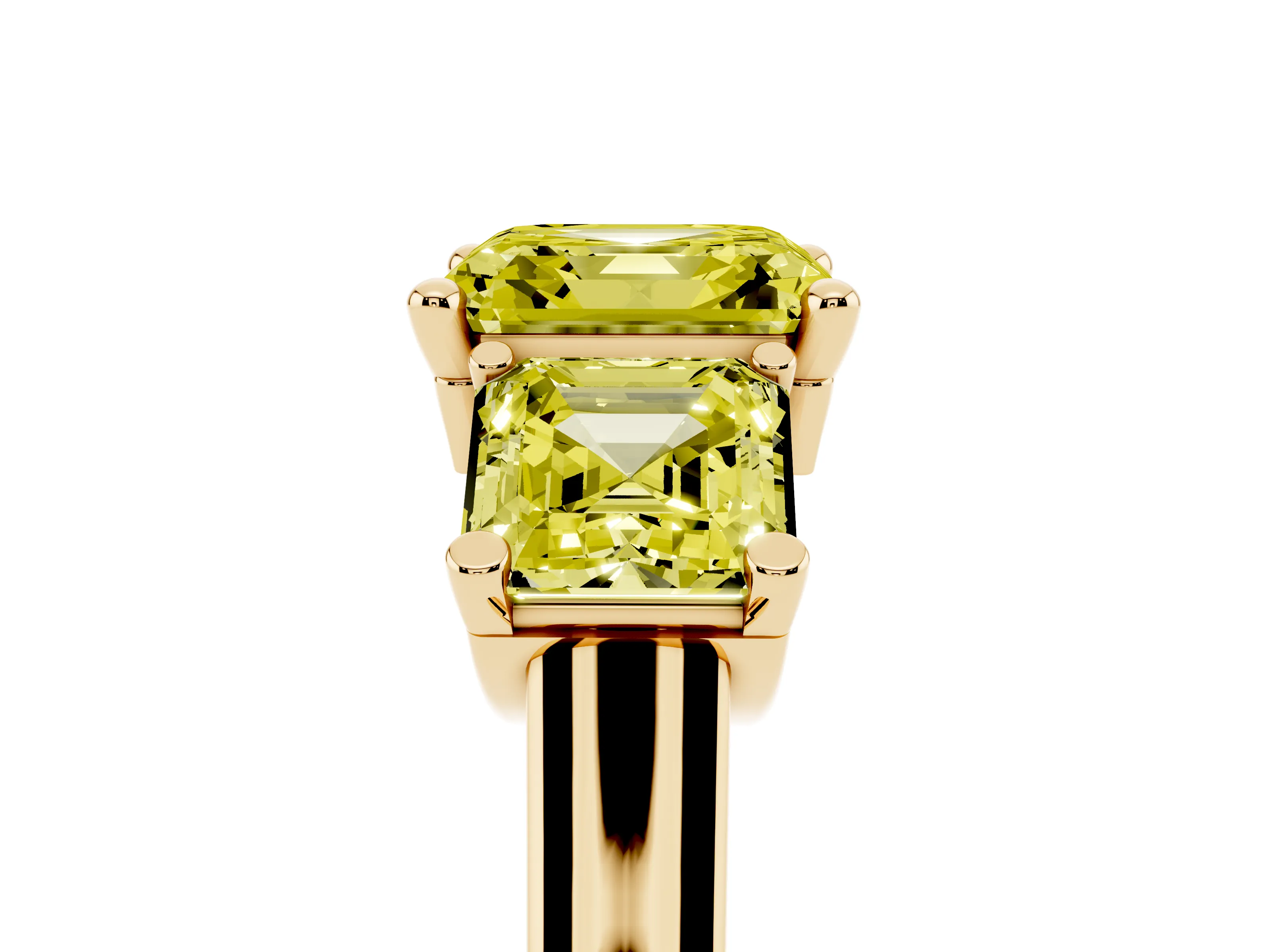 Fancy Yellow Asscher Cut Diamond Three-Stone Trellis Ring Set in Yellow gold with Comfort Fit Band