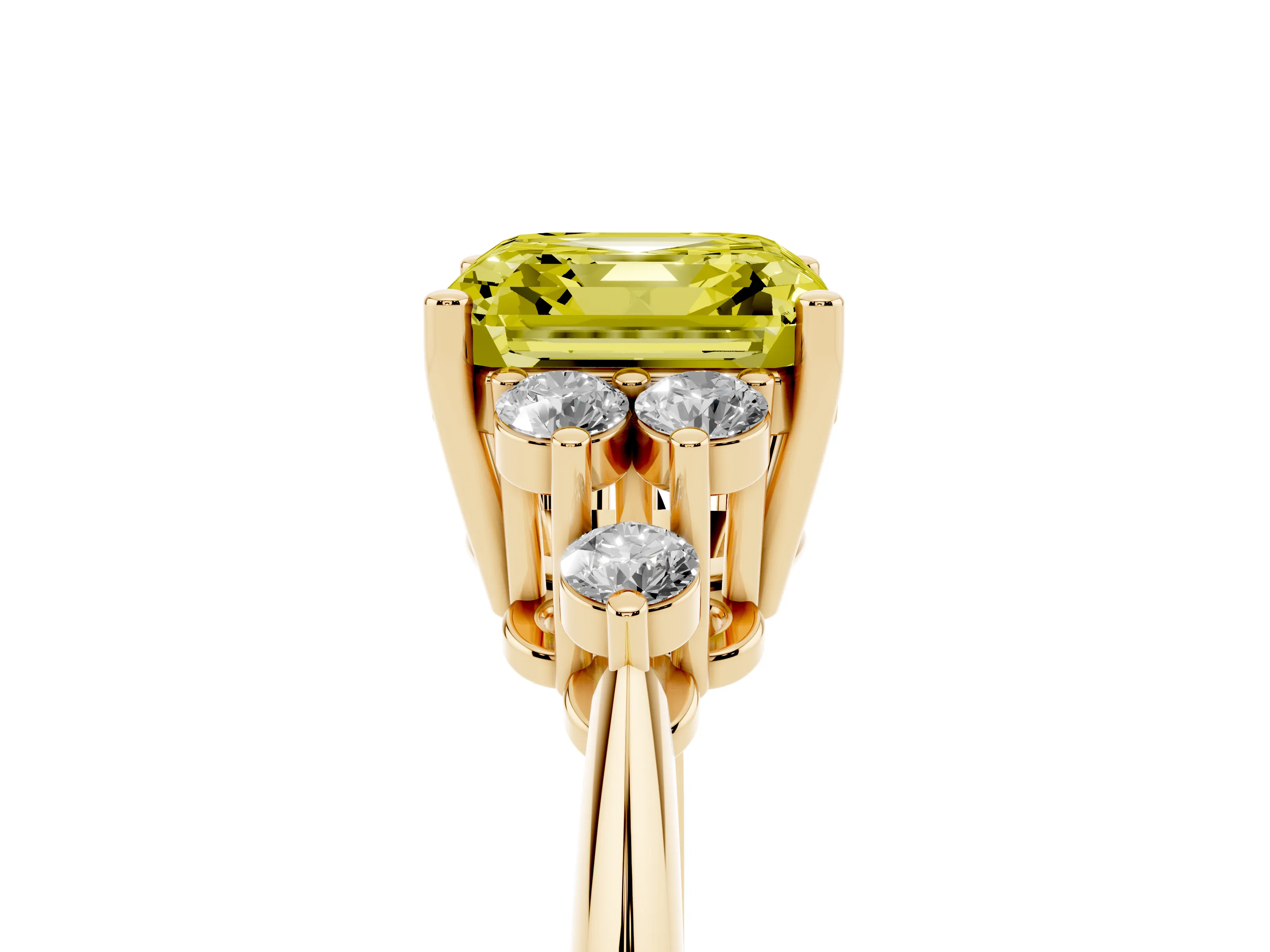 Fancy Yellow Asscher Cut Diamond Cluster Ring Set in Yellow gold with Plain Band and Prong Setting
