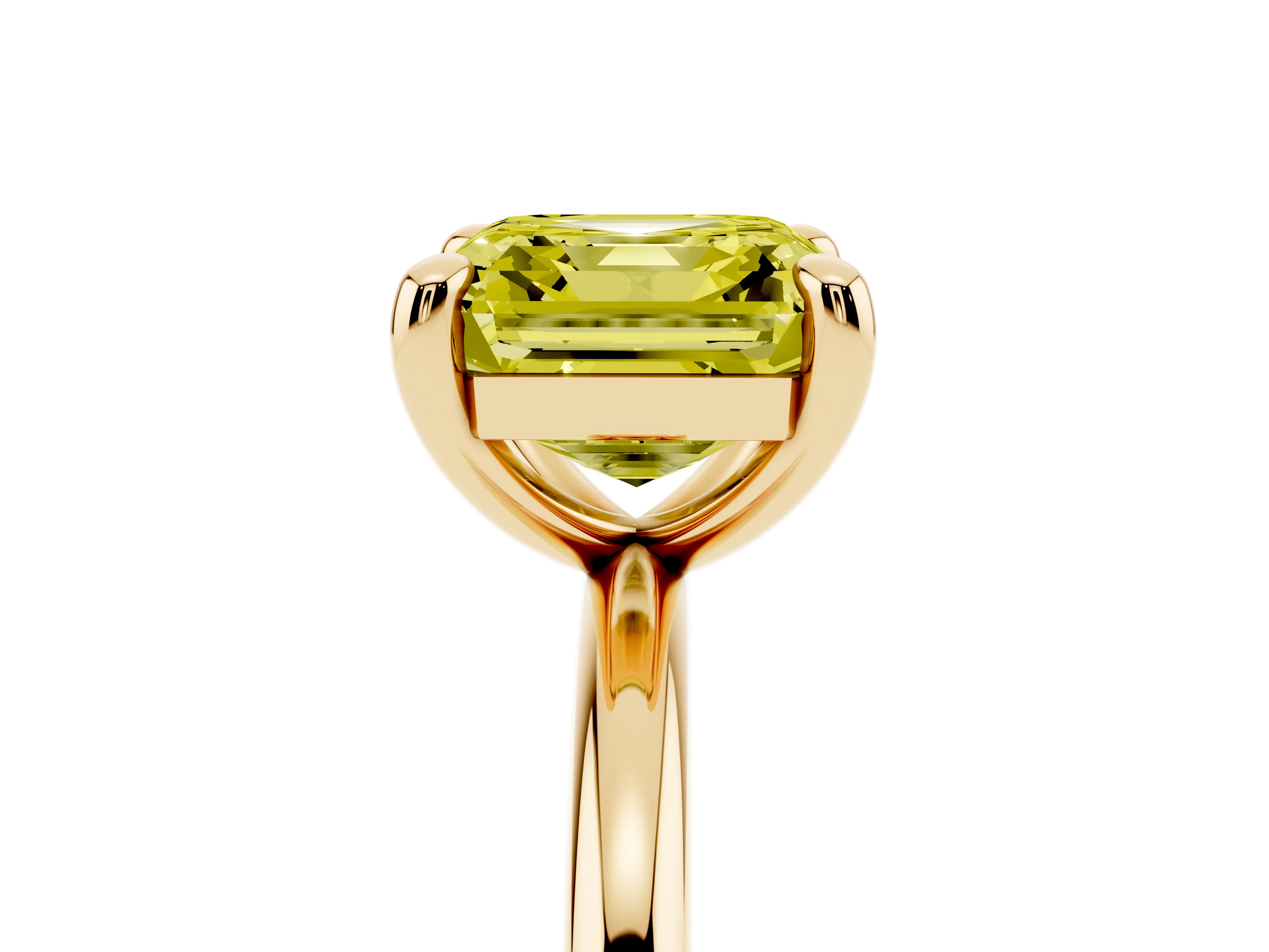 Fancy Yellow Asscher Cut Diamond Solitaire Ring Set in Yellow gold with Prong Setting on a Polished Plain Band