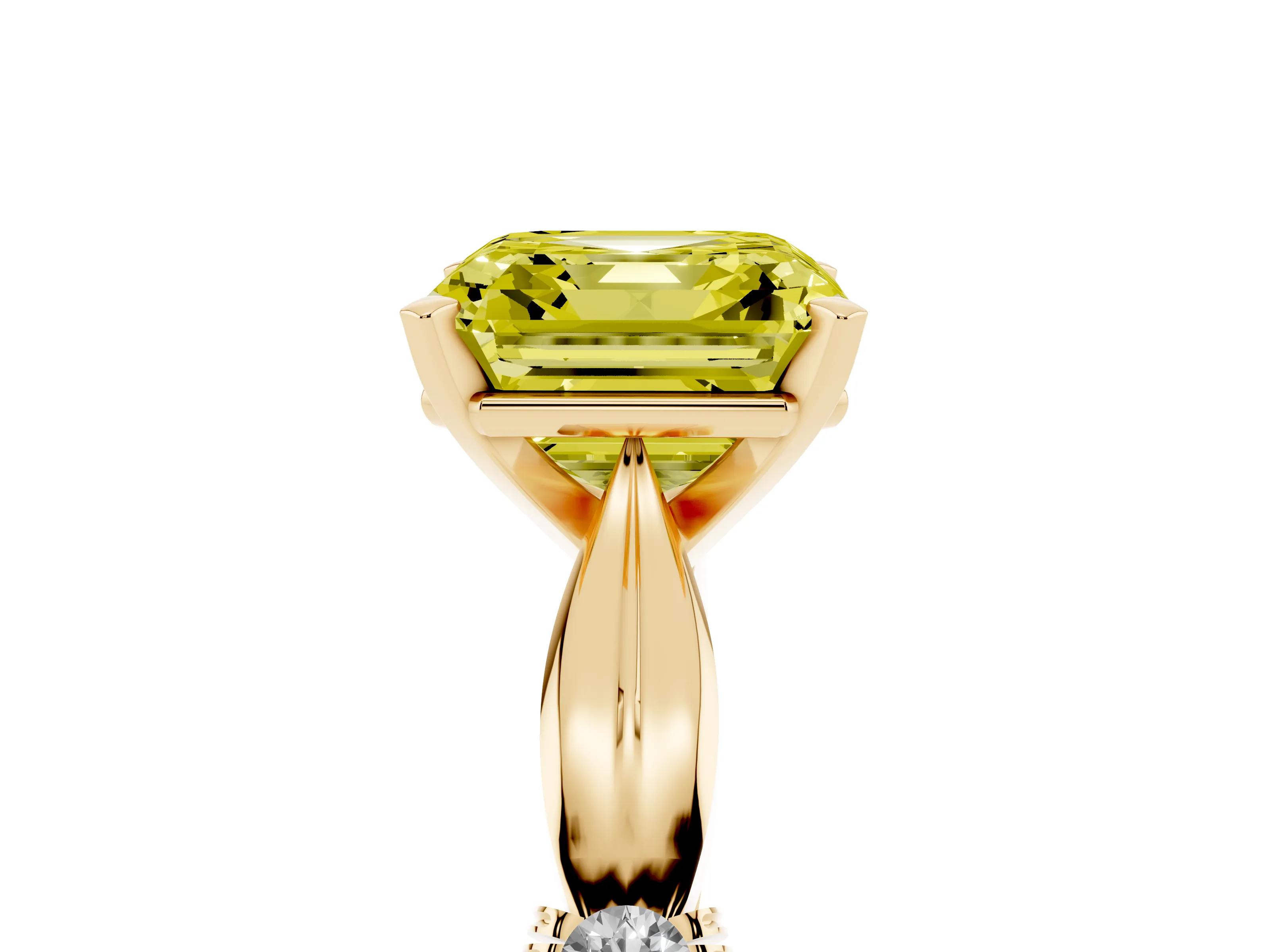 Fancy Yellow Asscher Cut Diamond Solitaire Twisted Band Ring Set in Yellow gold with Accent Stones and Prong Setting
