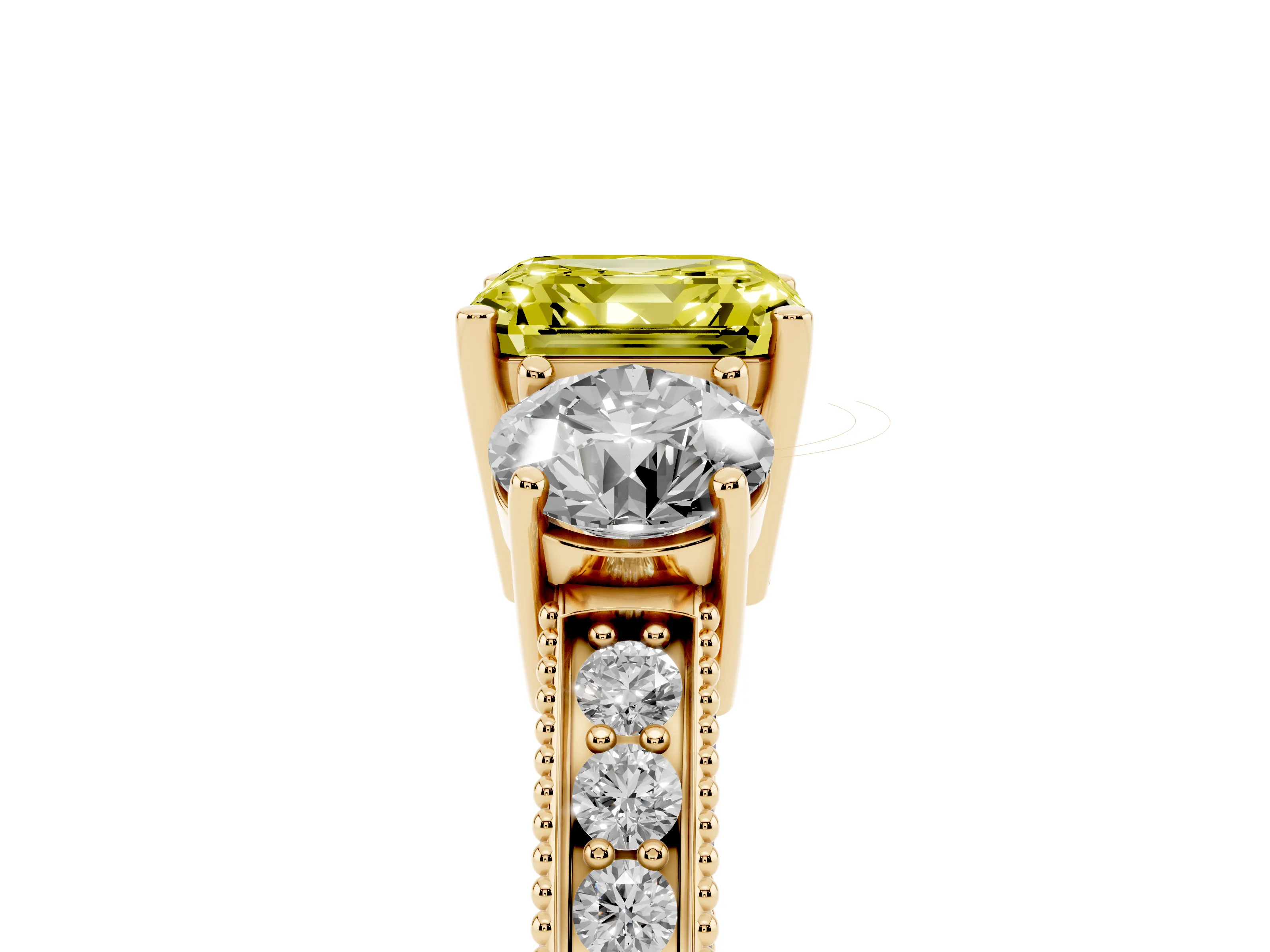 Fancy Yellow Asscher Cut Diamond Three-Stone Ring Set in Yellow gold with Round Side Stones and Pavé Band