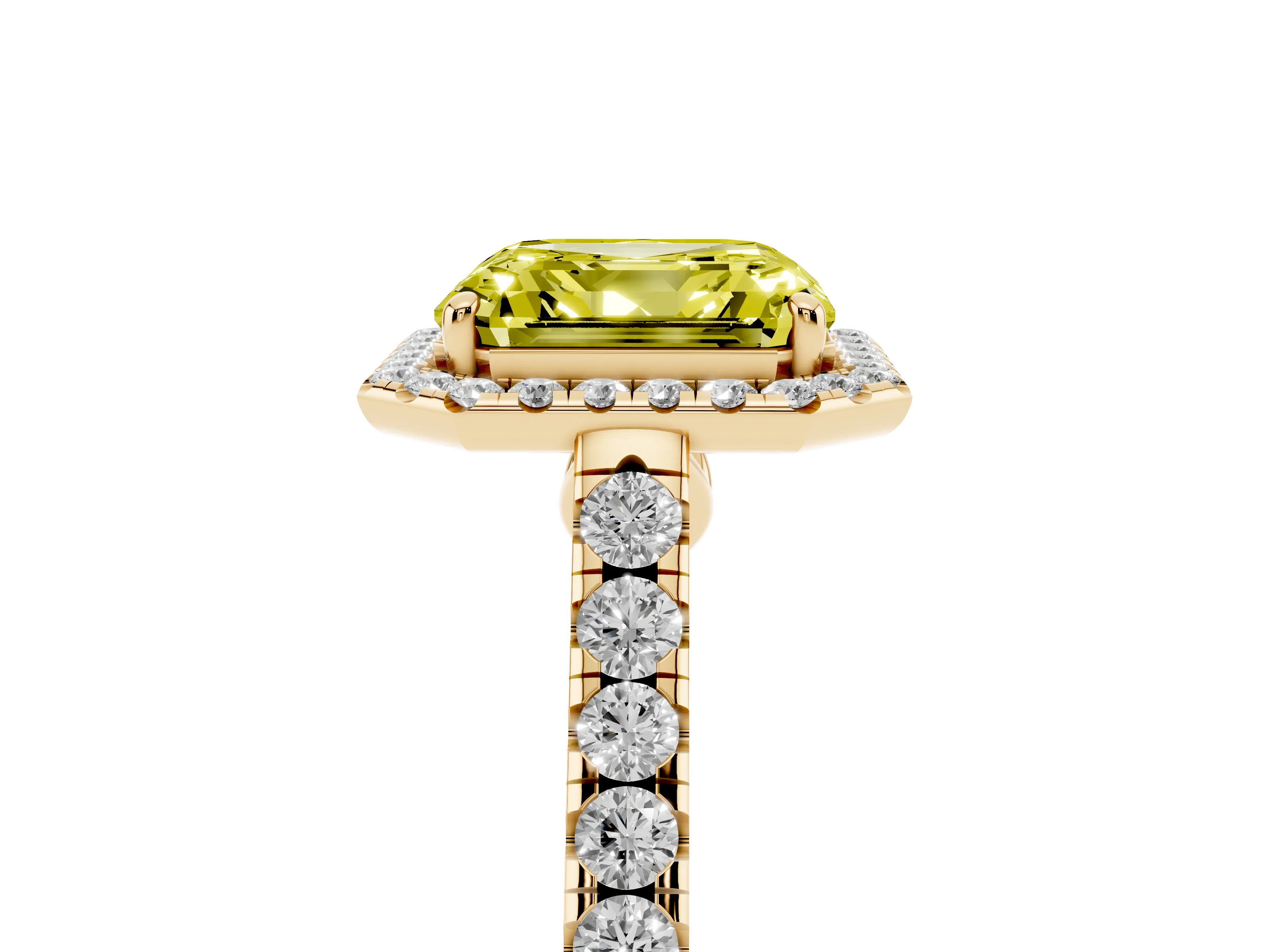 Fancy Yellow Asscher Cut Diamond Halo Pavé Engagement Ring Set in Yellow gold with Prong Setting