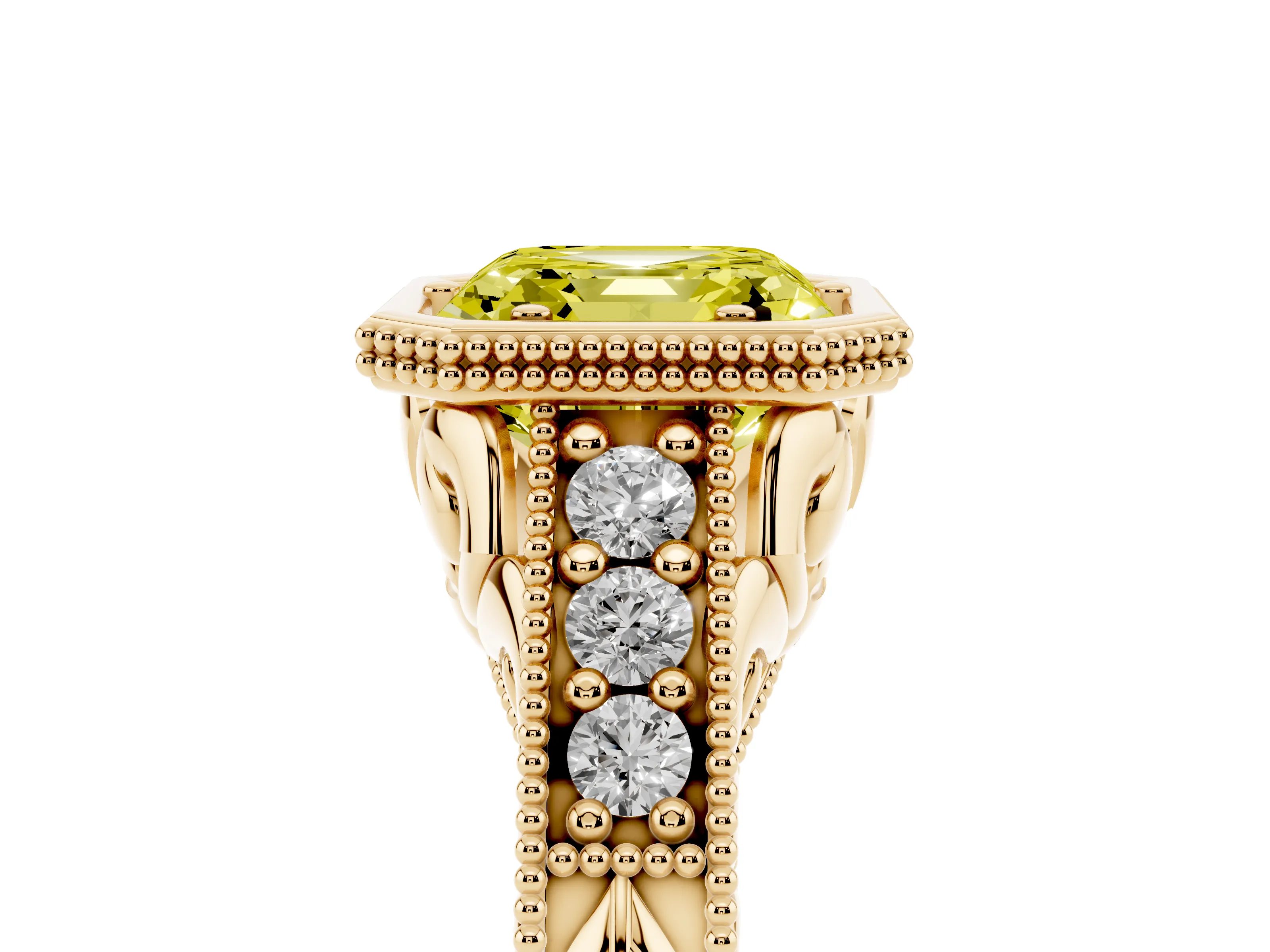 Fancy Yellow Bezel Set Asscher Cut Diamond Milgrain Pavé Engagement Ring Set in Yellow gold