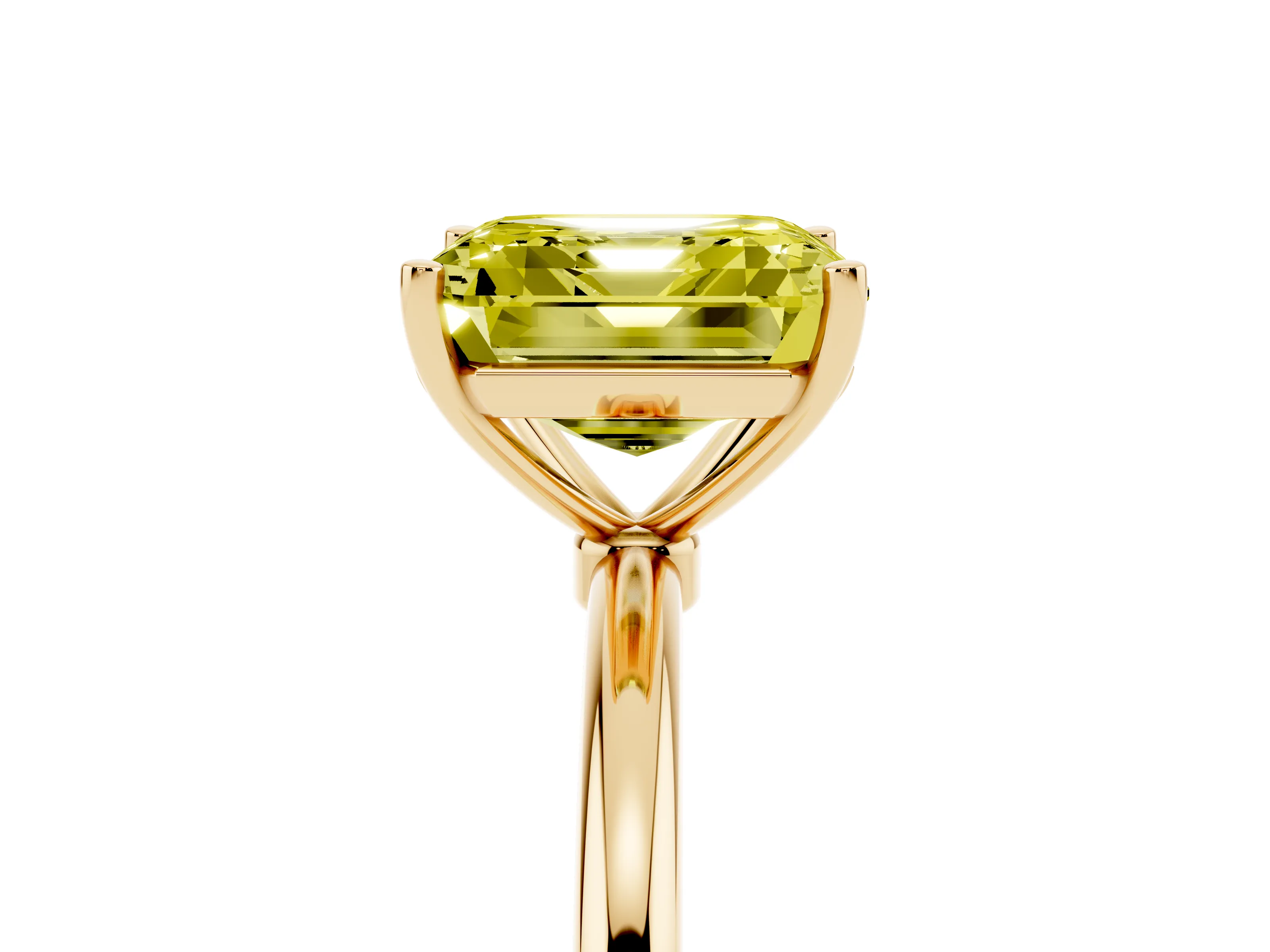 Fancy Yellow Asscher Cut Diamond Solitaire Engagement Ring Set in Yellow gold with Thin Band and Prong Setting