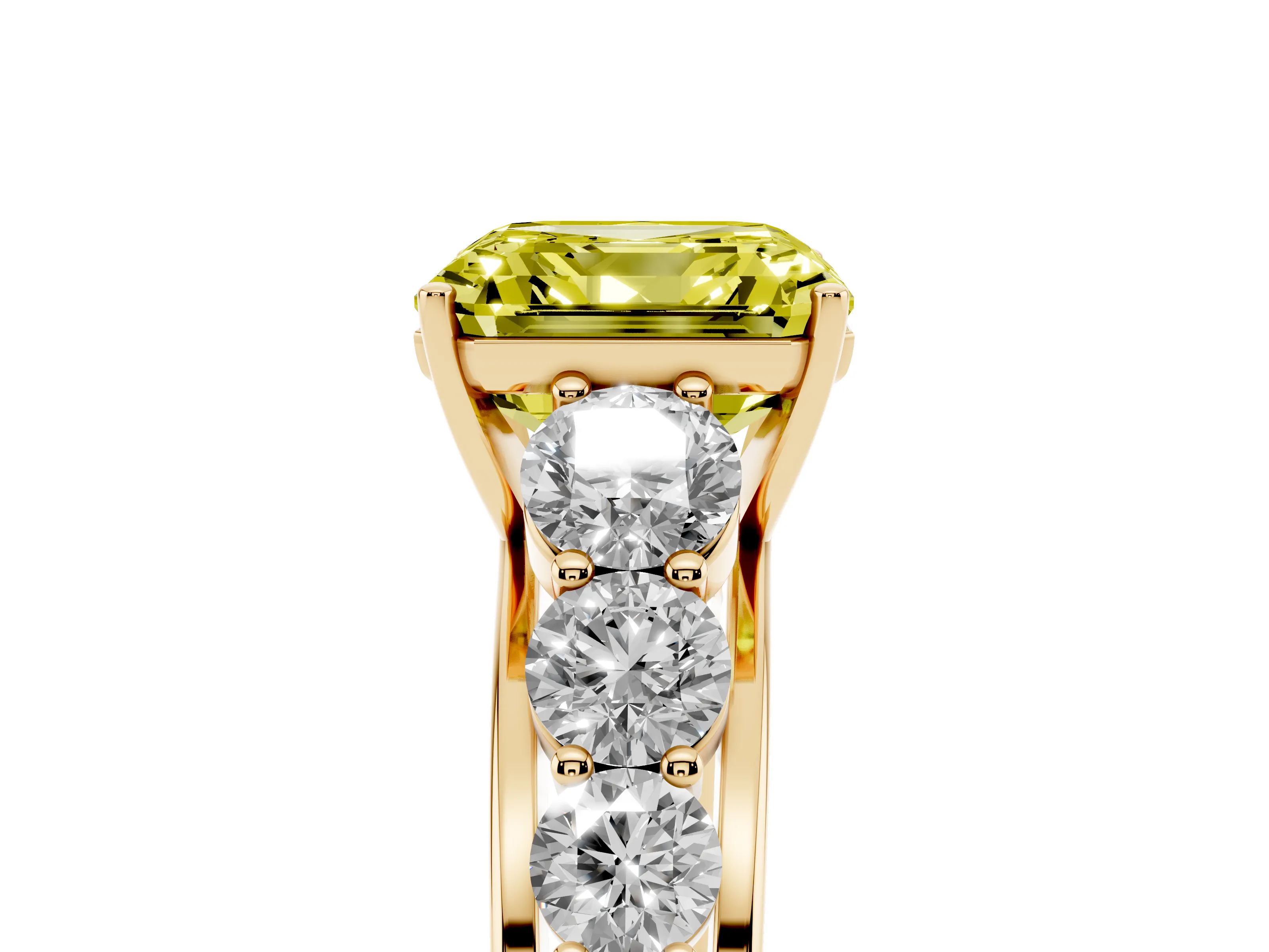 Fancy Yellow Asscher Cut Diamond Solitaire Ring Set in Yellow gold with Pavé-Set Band and Prong Setting