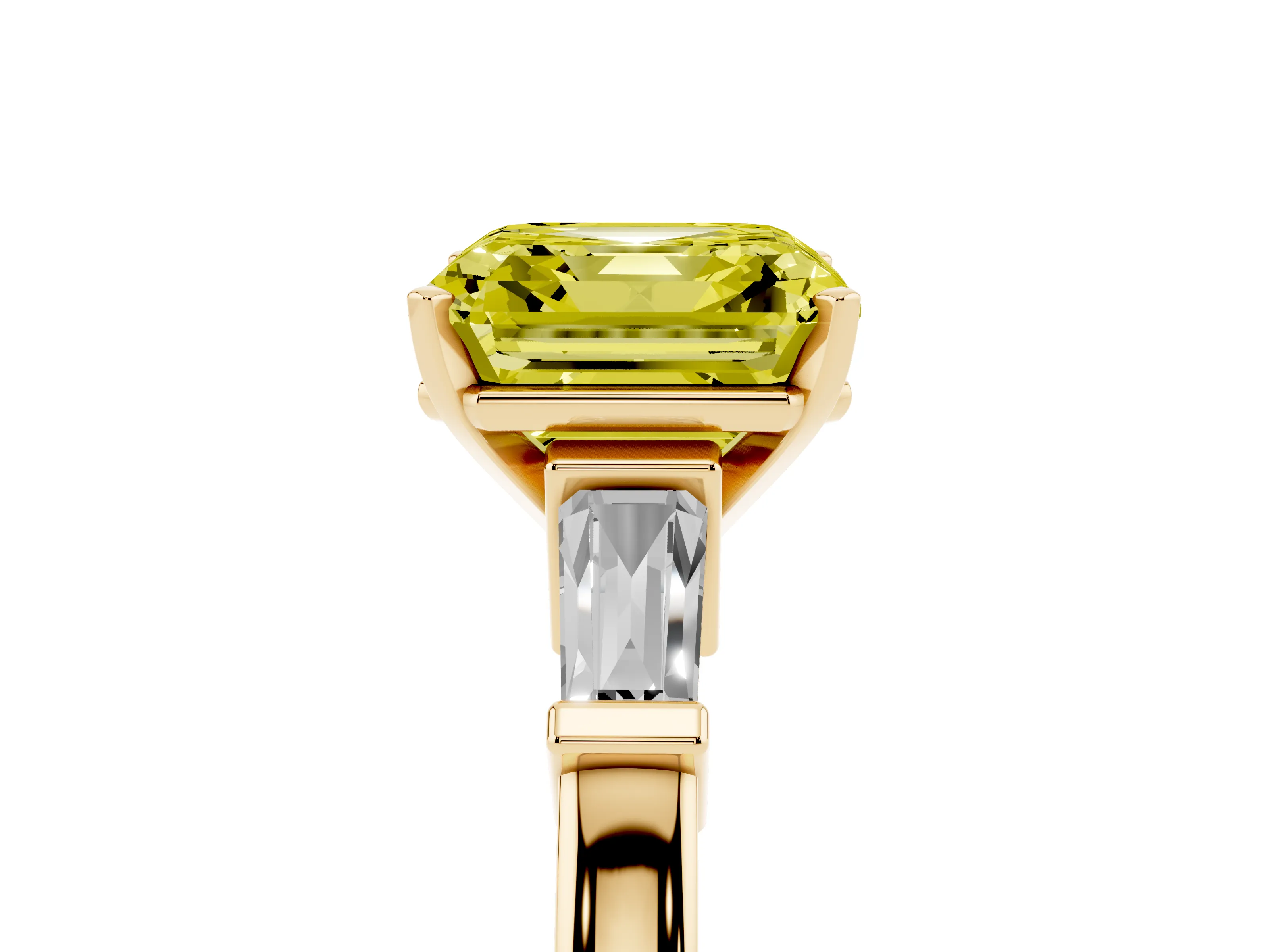 Fancy Yellow Asscher Cut Diamond Solitaire Ring Set in Yellow gold with Tapered Baguette Accents and Prong Setting