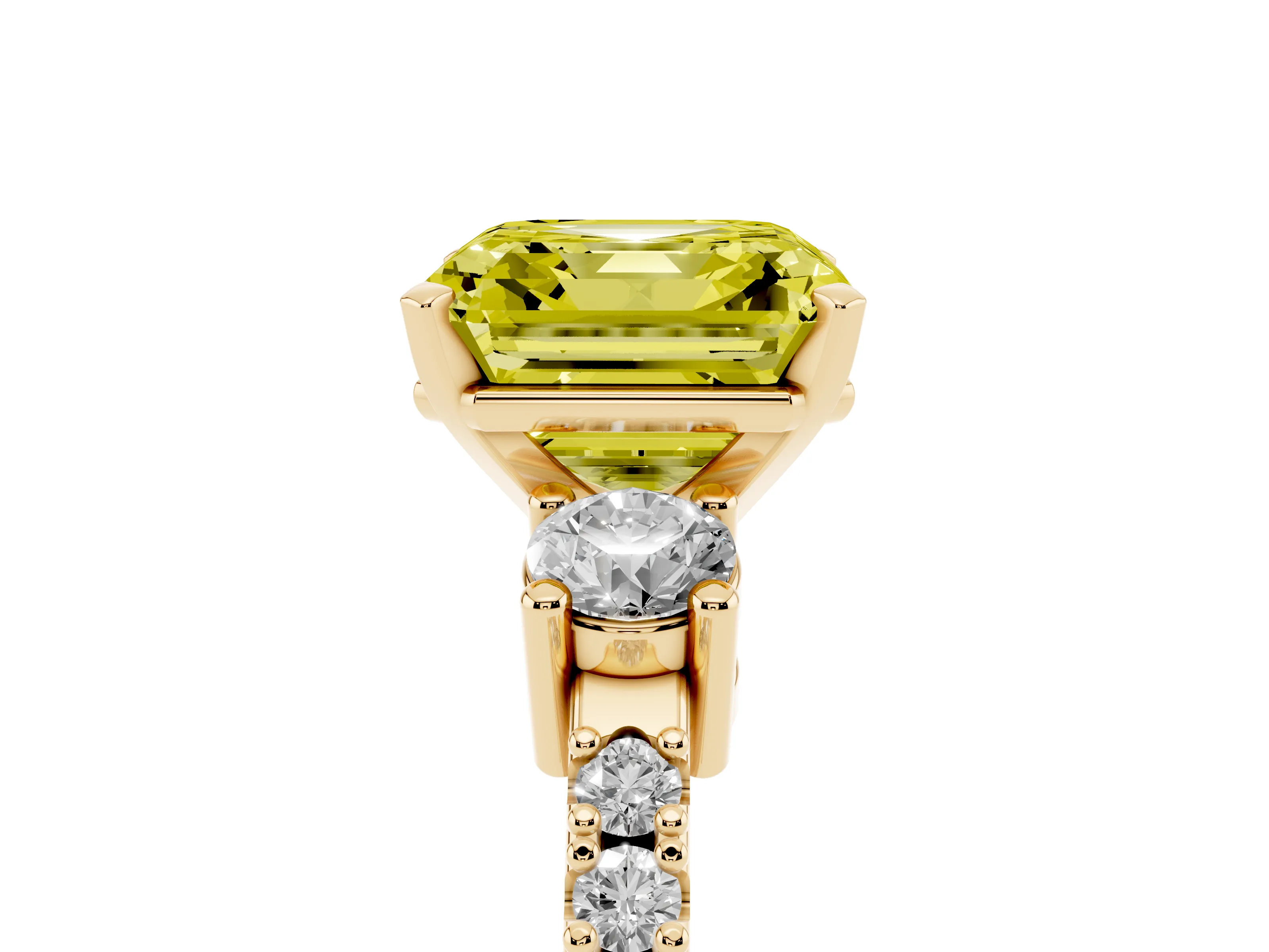 Fancy Yellow Three-Stone Asscher Cut Diamond Pavé Band Ring Set in Yellow gold with Prong Setting