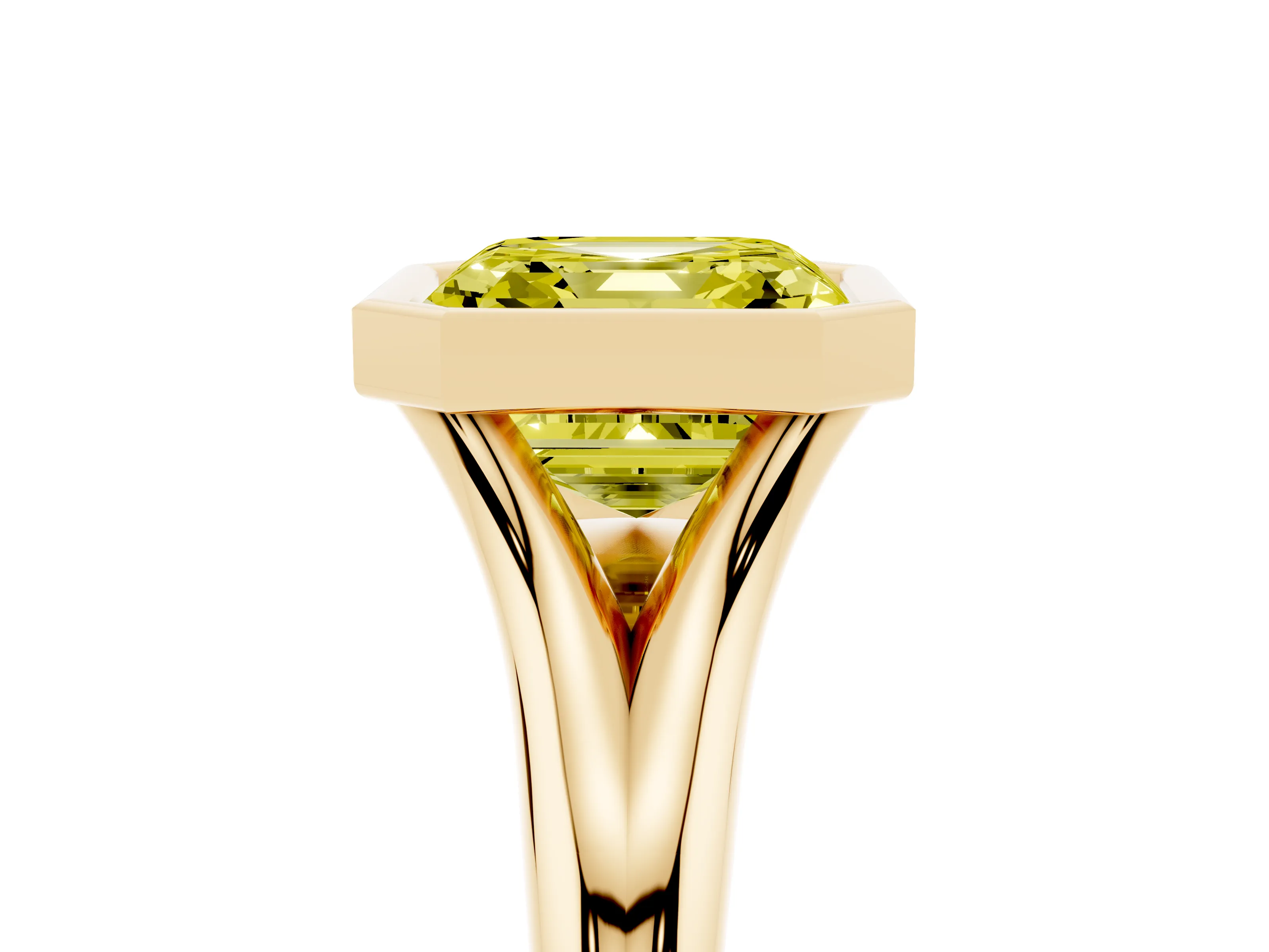 Fancy Yellow Bezel Set Asscher Cut Diamond Solitaire Ring Set in Yellow gold with Smooth Band