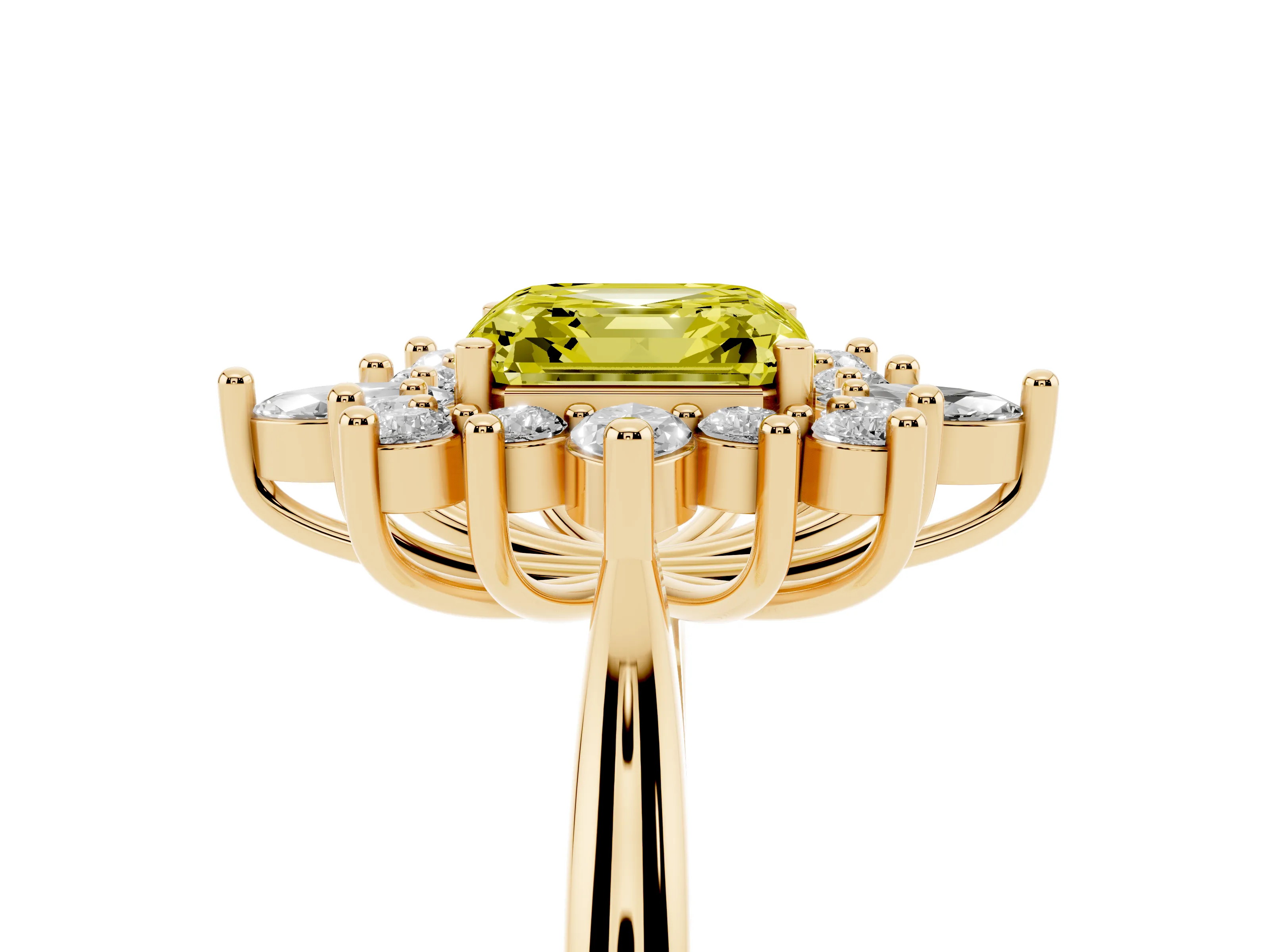 Fancy Yellow Asscher Cut Diamond Cluster Halo Ring Set in Yellow gold with Marquise and Round Accents