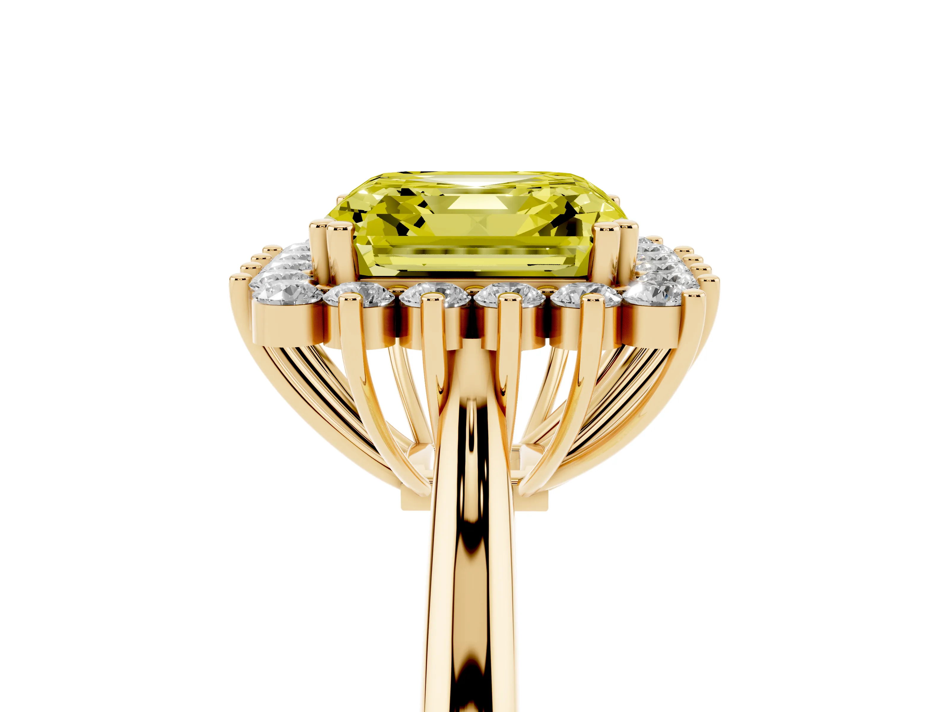 Fancy Yellow Asscher Cut Diamond Halo Ring Set in Yellow gold with Plain Solitaire Band and Prong Setting
