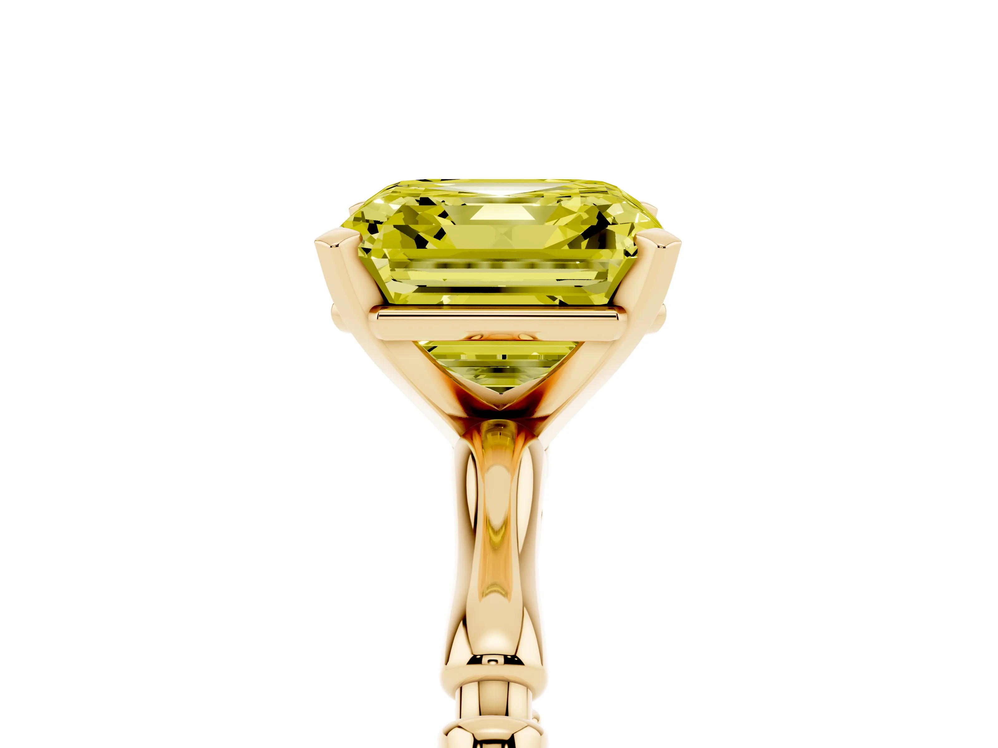 Fancy Yellow Asscher Cut Diamond Solitaire Ring Set in Yellow gold with Bamboo Band and Prong Setting