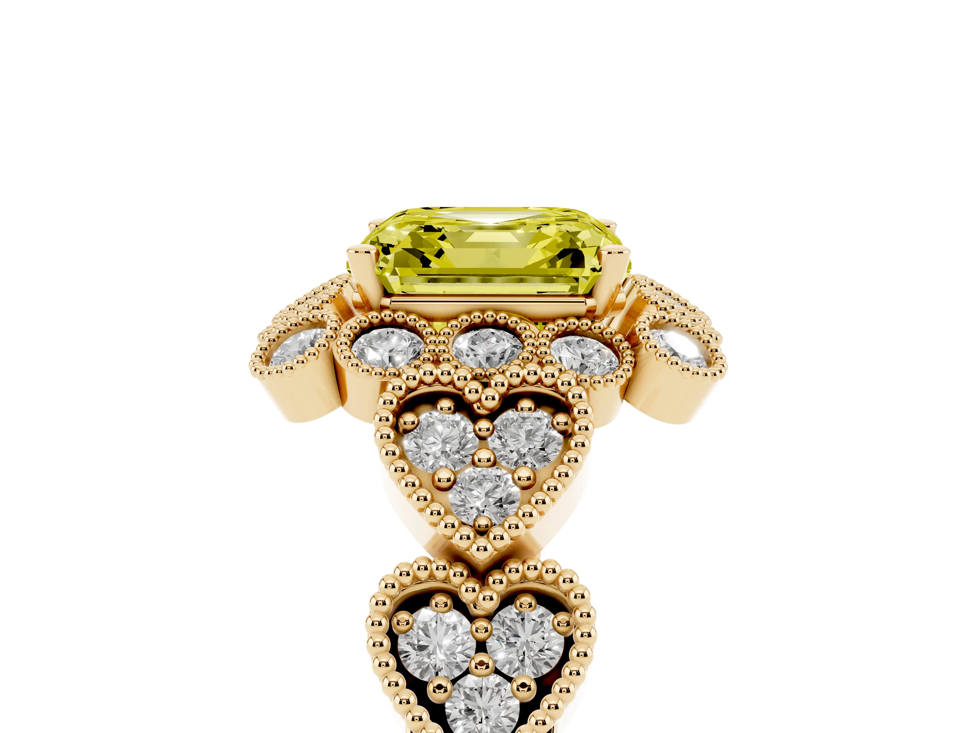 Fancy Yellow Asscher Cut Diamond Solitaire Ring Set in Yellow gold with Milgrain Pavé Heart Band