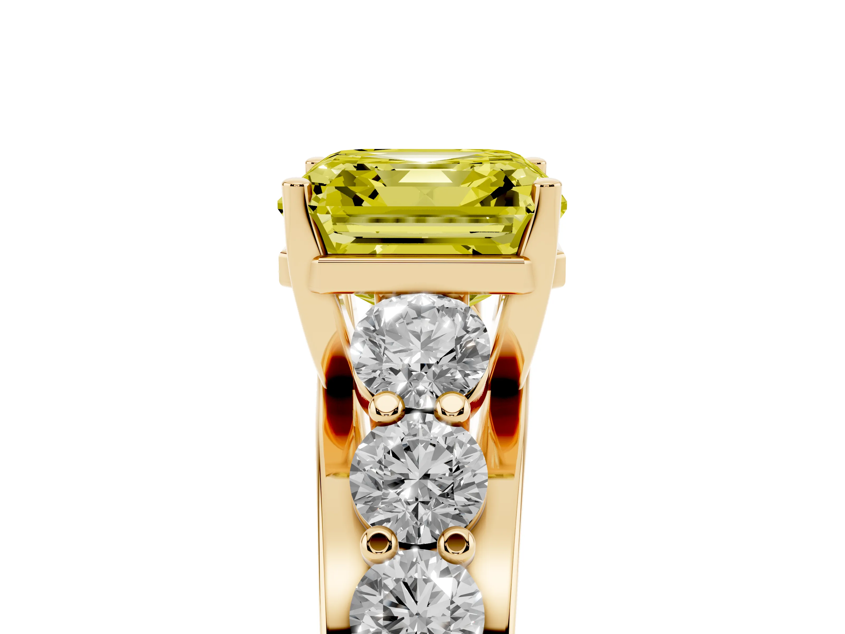 Fancy Yellow Asscher Cut Diamond Pavé Engagement Ring Set in Yellow gold with Prong Setting