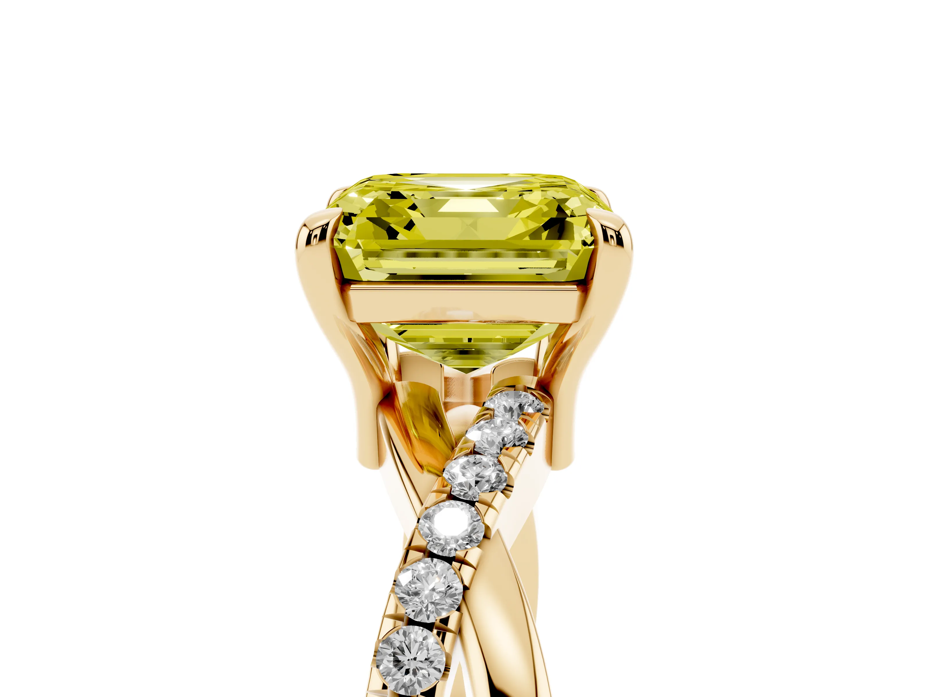 Fancy Yellow Asscher Cut Diamond Twist Band Pavé Solitaire Ring Set in Yellow gold with Prong Setting
