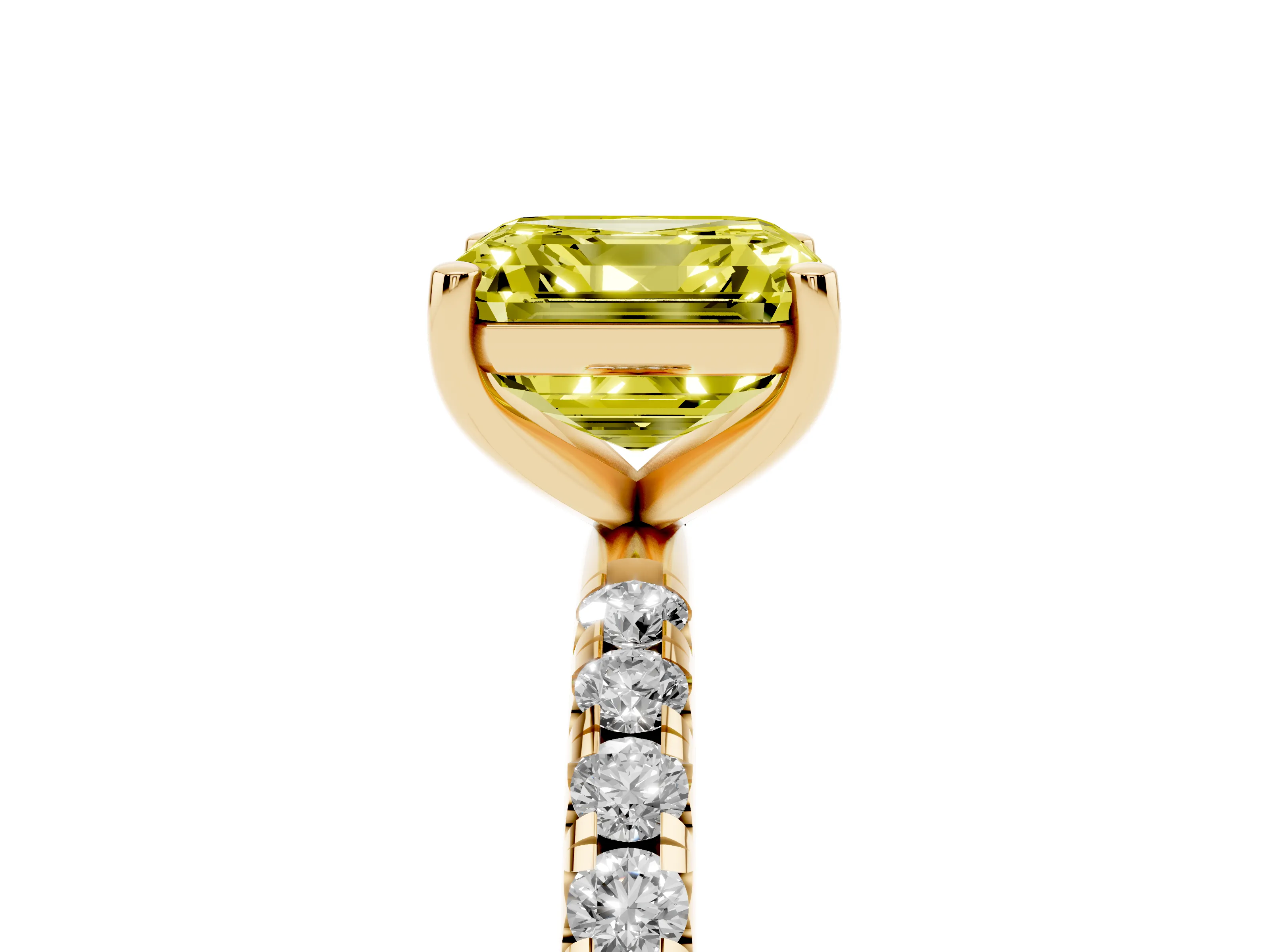 Fancy Yellow Asscher Cut Diamond Solitaire Ring Set in Yellow gold with Micro Pavé Band and Prong Setting