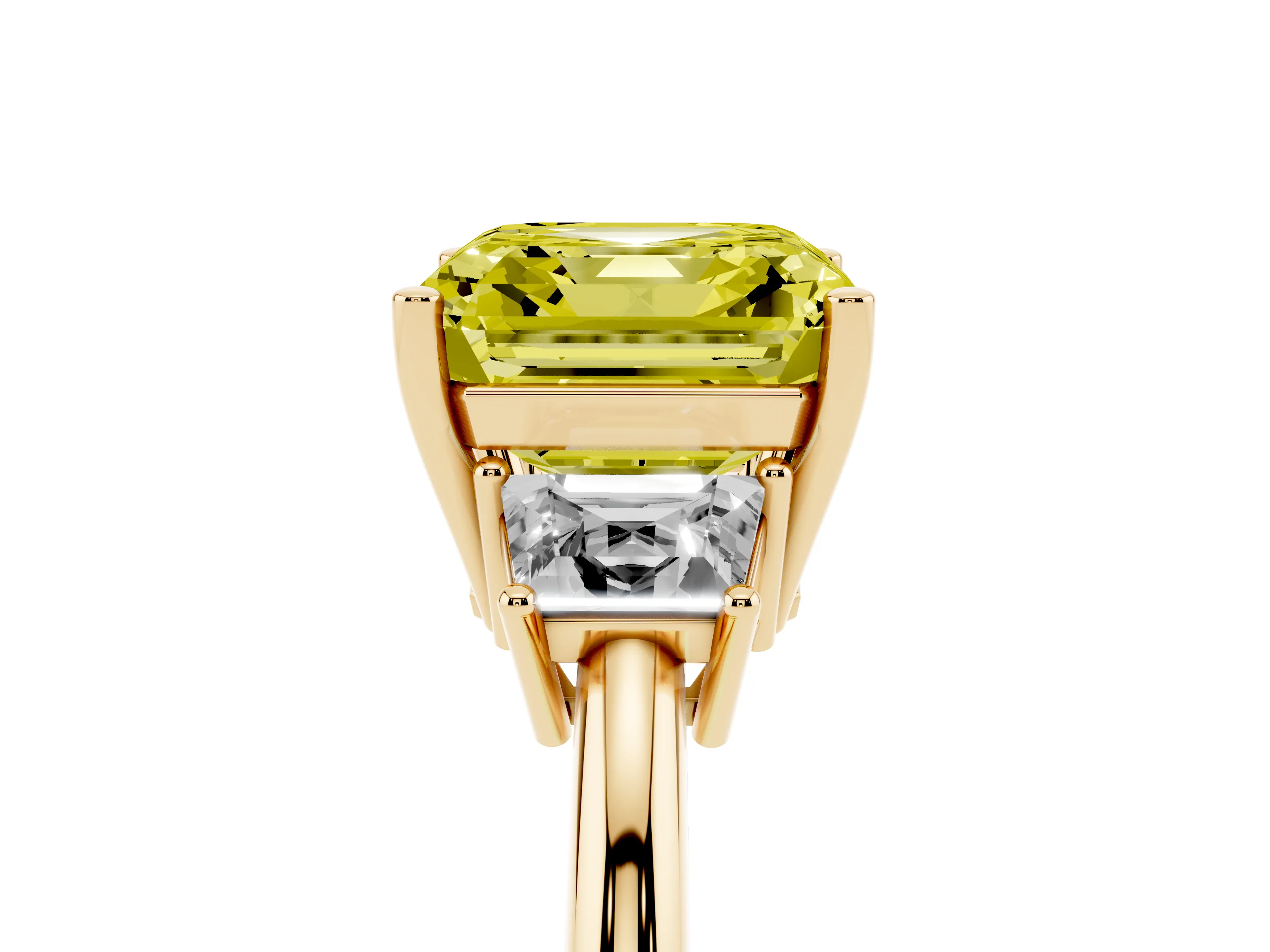 Fancy Yellow Asscher Cut Diamond Three-Stone Ring Set in Yellow gold with Trapezoid Side Stones and Prong Setting