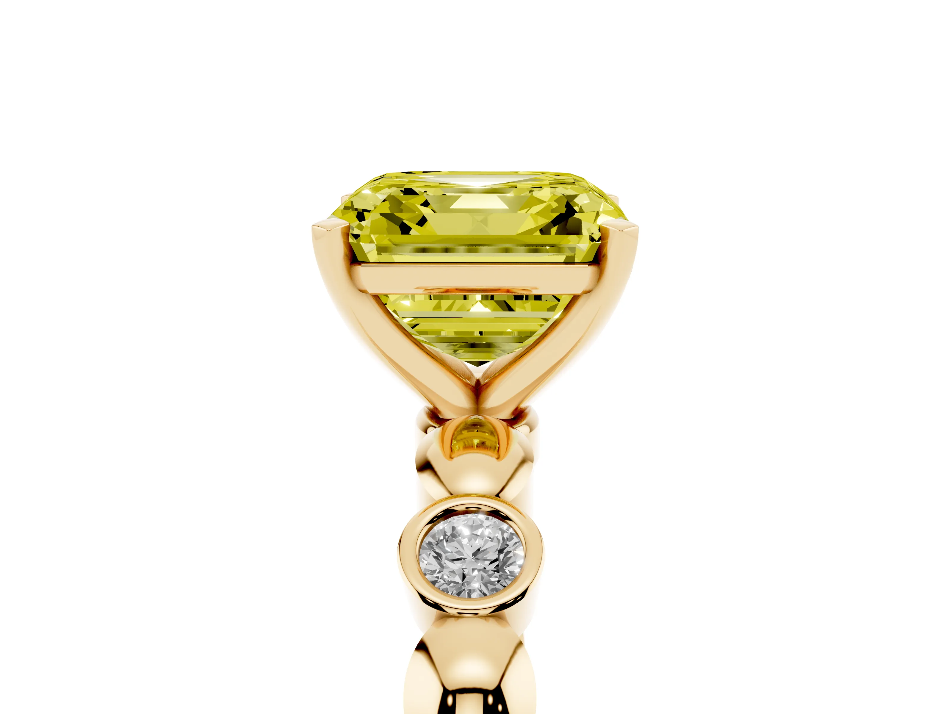 Fancy Yellow Asscher Cut Diamond Solitaire Ring Set in Yellow gold with Bezel-Set Accents on Beaded Band and Prong Setting