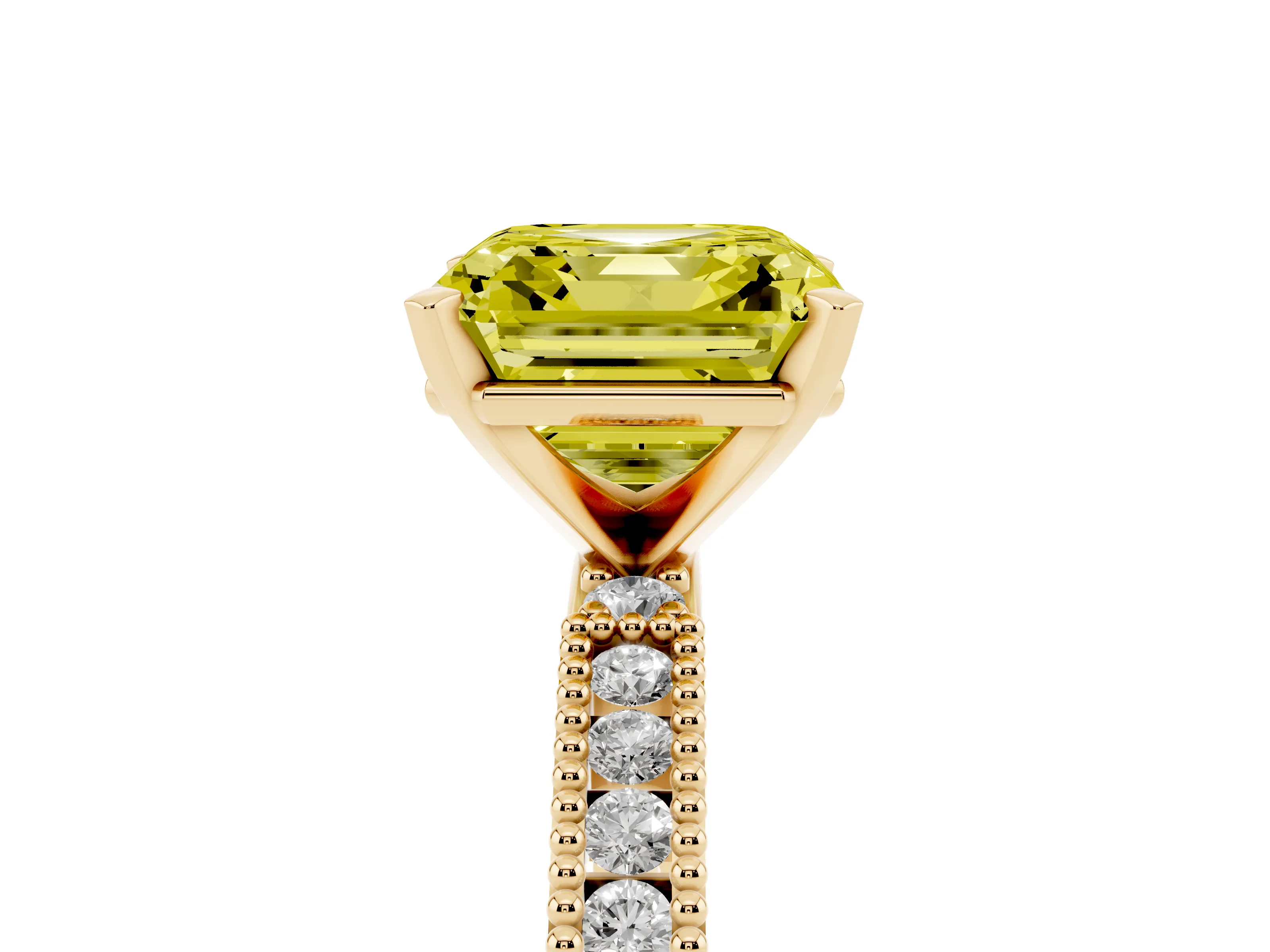 Fancy Yellow Asscher Cut Diamond Solitaire Ring Set in Yellow gold with Slim Pavé Band and Prong Setting