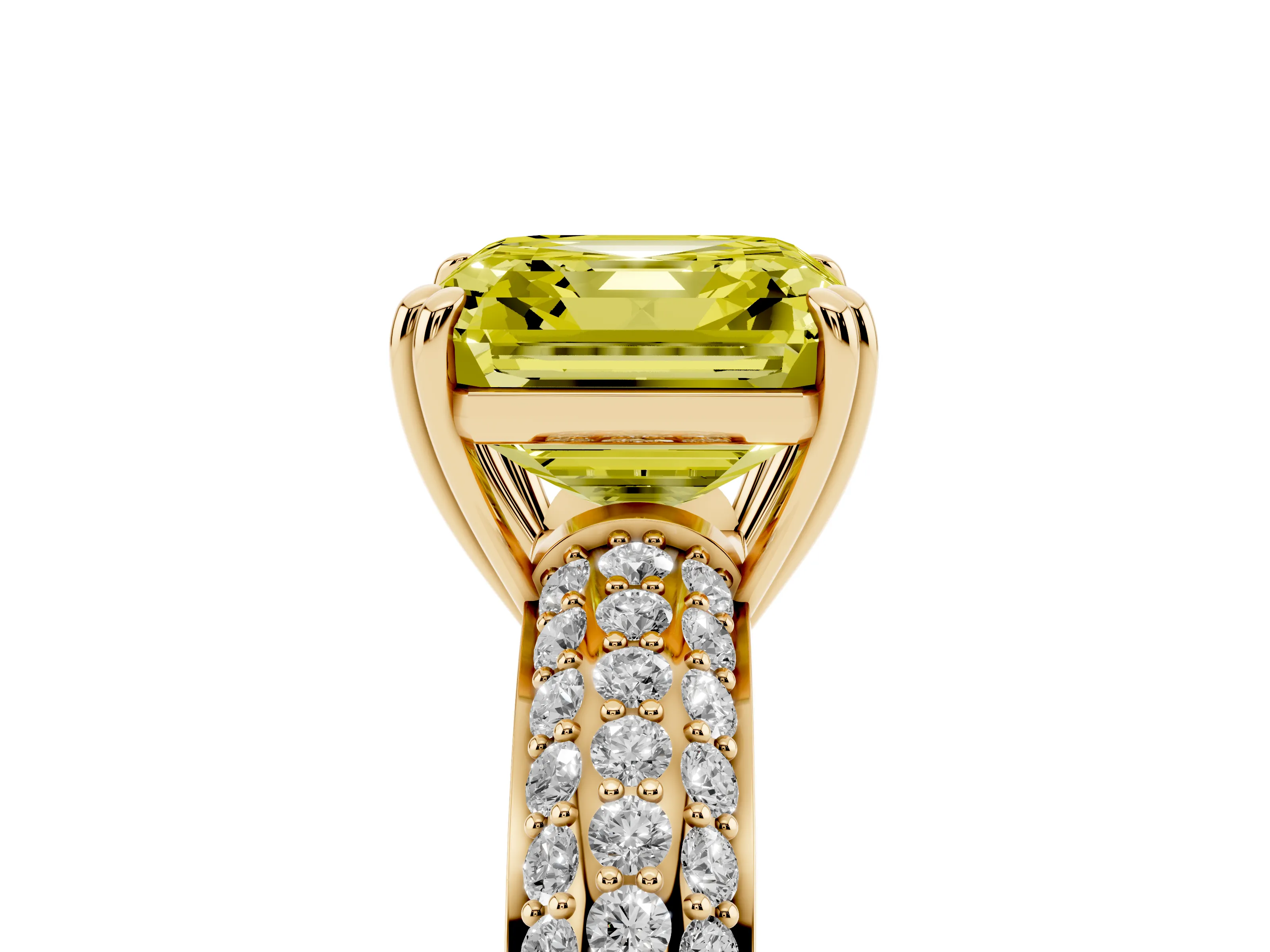 Fancy Yellow Asscher Cut Diamond Solitaire Ring Set in Yellow gold with Multi-Row Round Pavé Band and Prong Setting