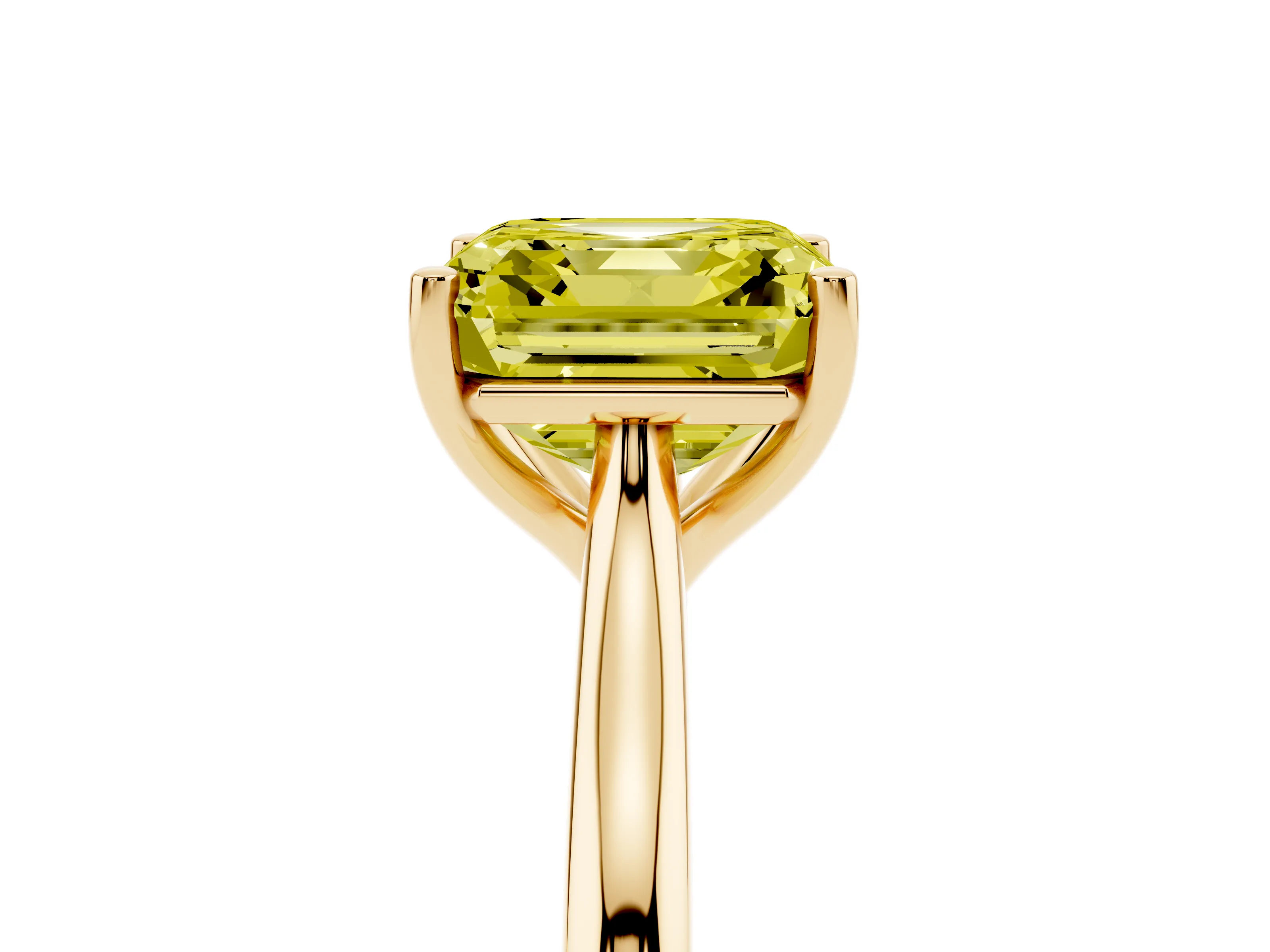 Fancy Yellow Asscher Cut Diamond Solitaire Ring Set in Yellow gold with Cathedral Band and Prong Setting