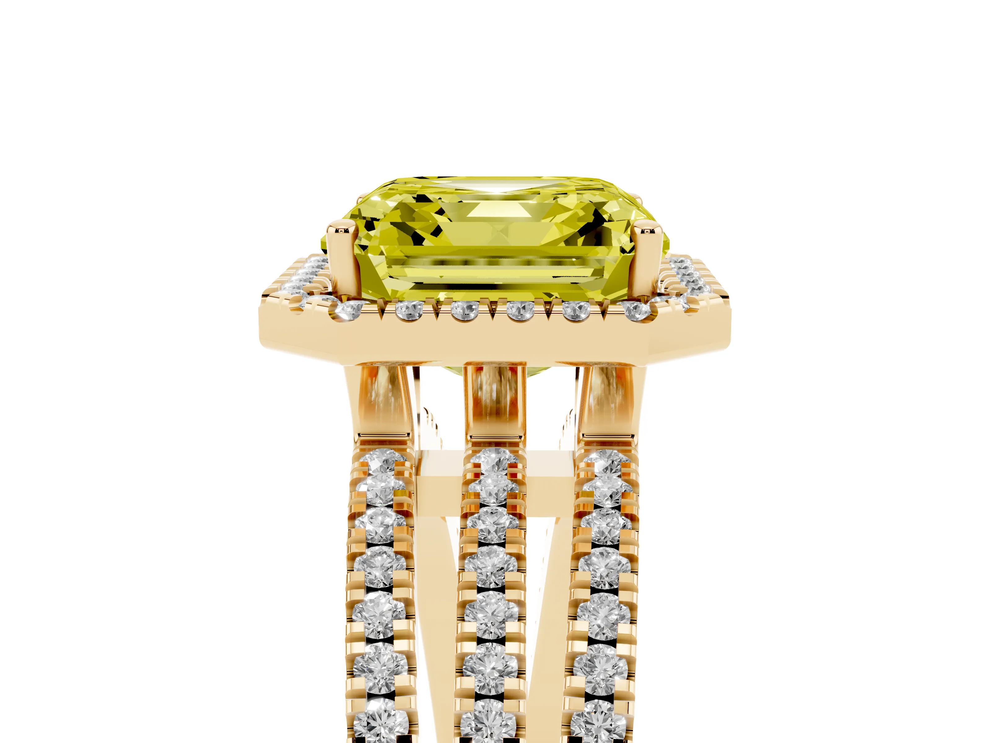 Fancy Yellow Asscher Cut Diamond Halo Split Shank Engagement Ring Set in Yellow gold with Prong Setting