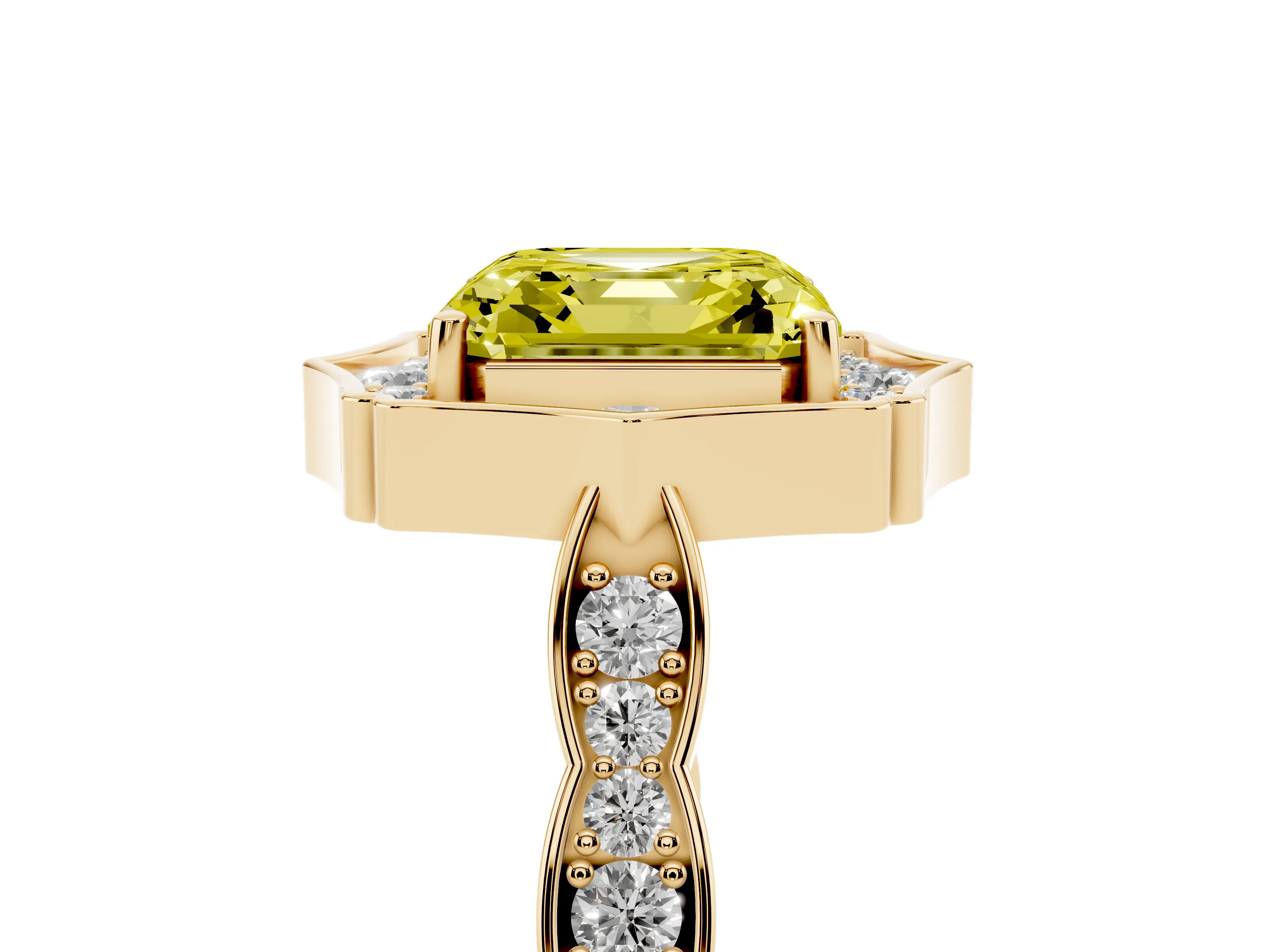 Fancy Yellow Asscher Cut Diamond Halo Engagement Ring Set in Yellow gold with Milgrain Band and Prong Setting