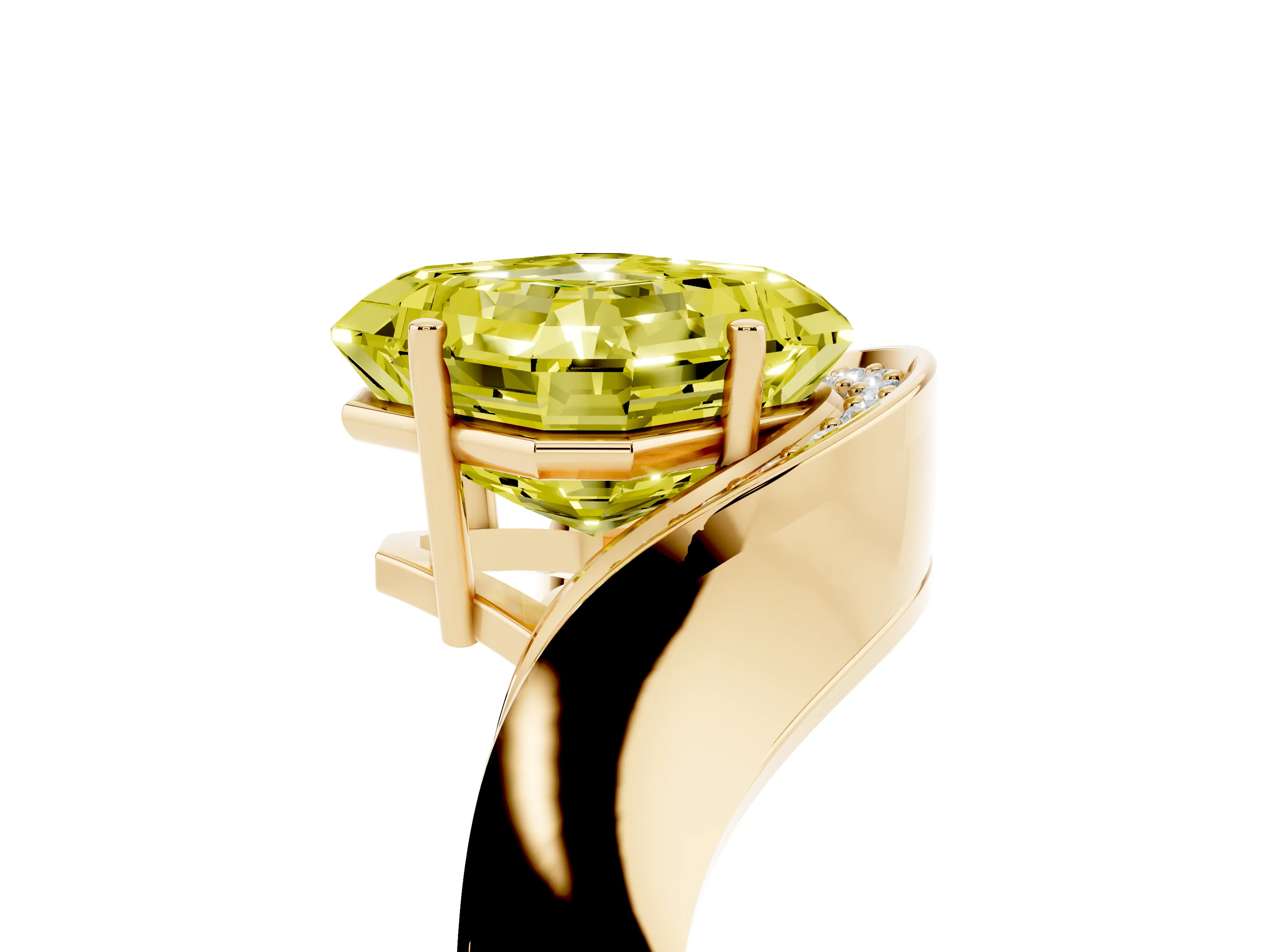 Fancy Yellow Asscher Cut Diamond Solitaire Engagement Ring Set in Yellow gold with Pavé Shoulders