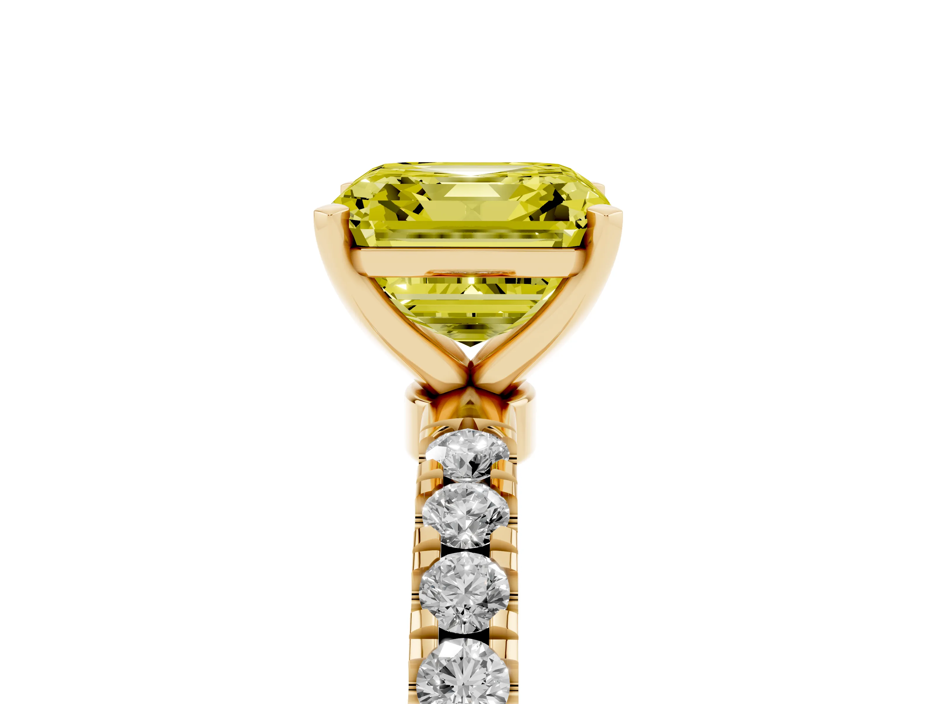 Fancy Yellow Asscher Cut Diamond Solitaire Ring Set in Yellow gold with Pavé Accents and Prong Setting