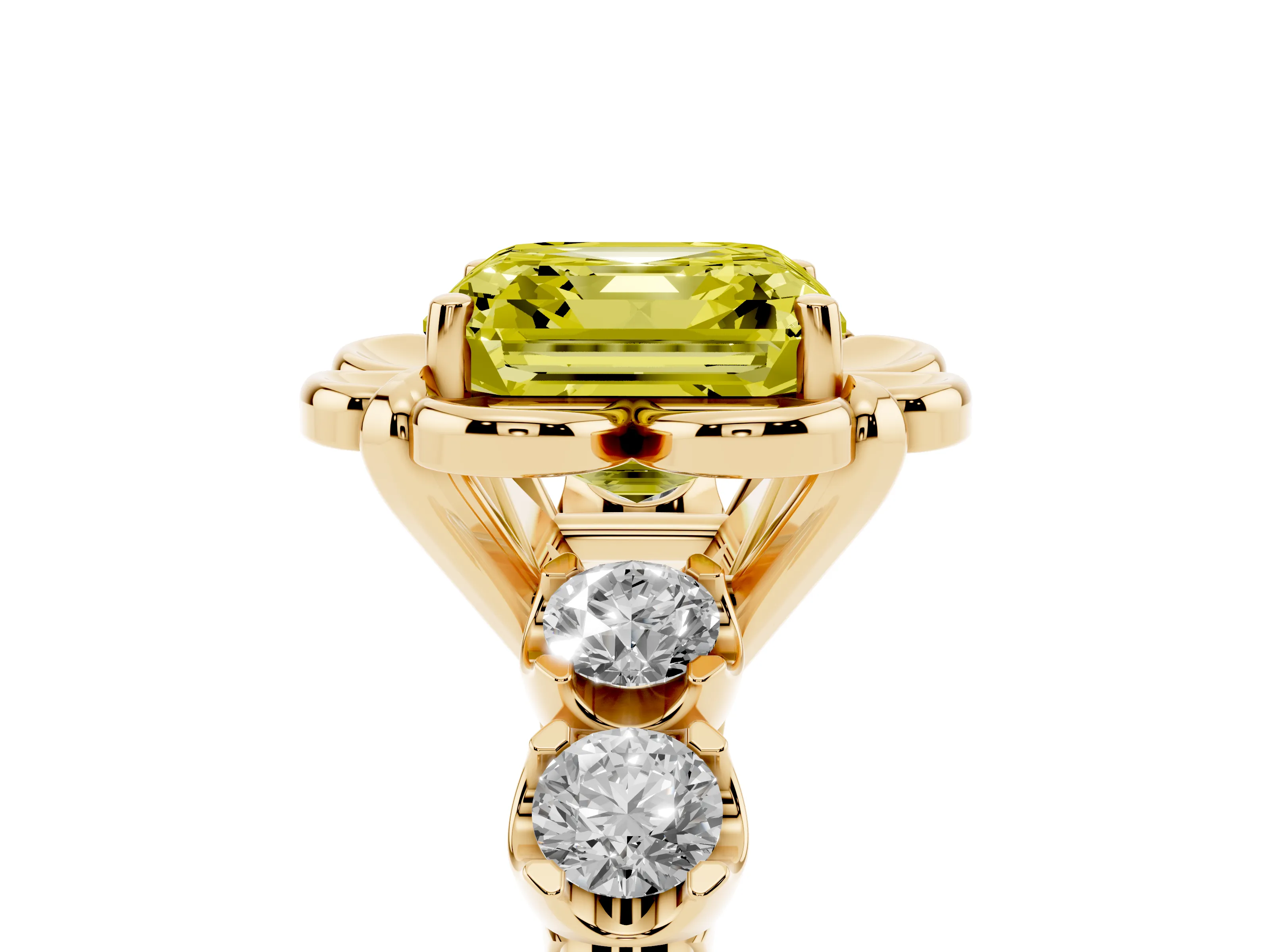 Fancy Yellow Asscher Cut Diamond Floral Halo Ring Set in Yellow gold with Shared Prong Band